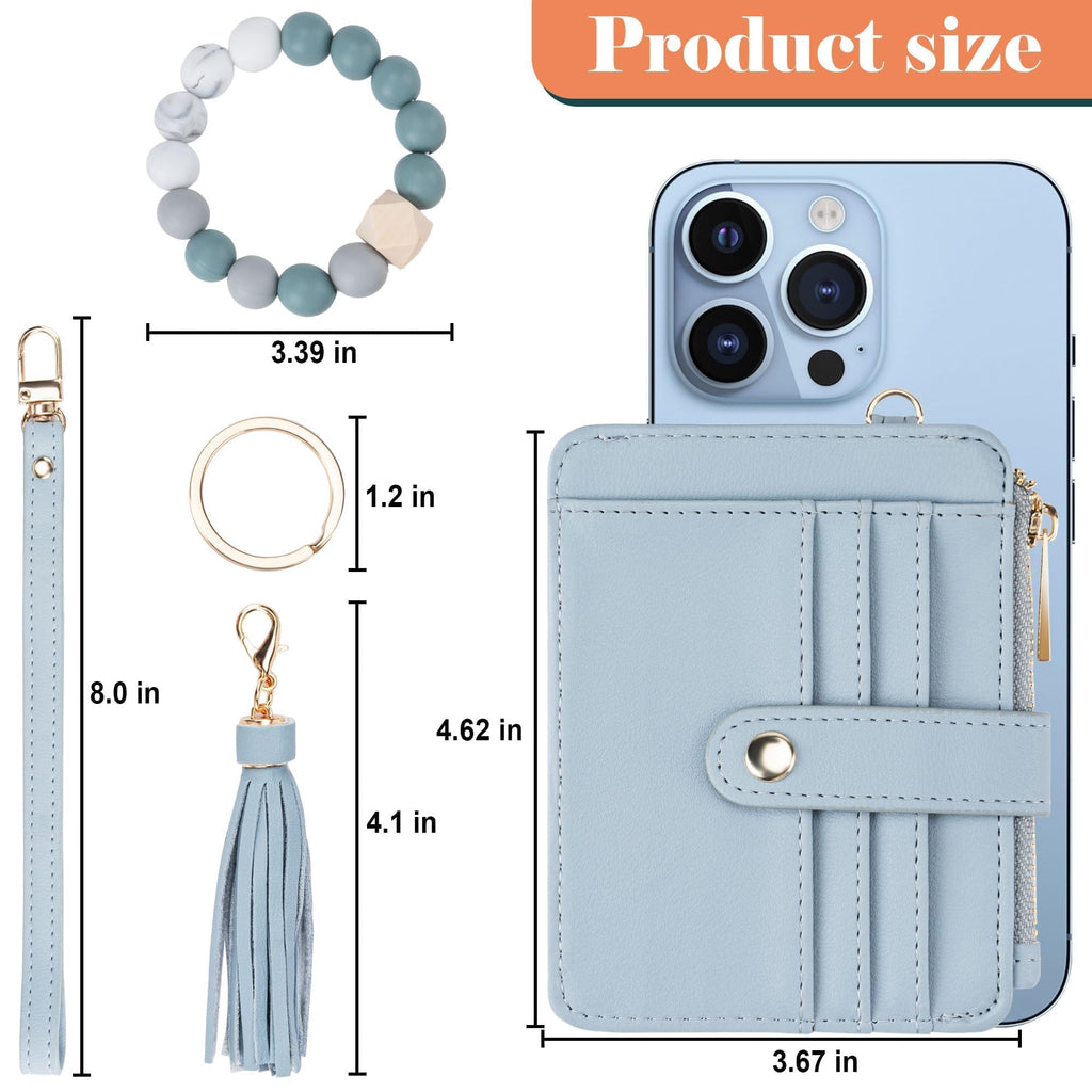 Credit Card Holder for Women, Small Keychain Wristlet Wallets | RFID Blocking Card Wallet with Silicone Beaded, Tassel, ID Window, Keyring and Zipper Coin Pocket