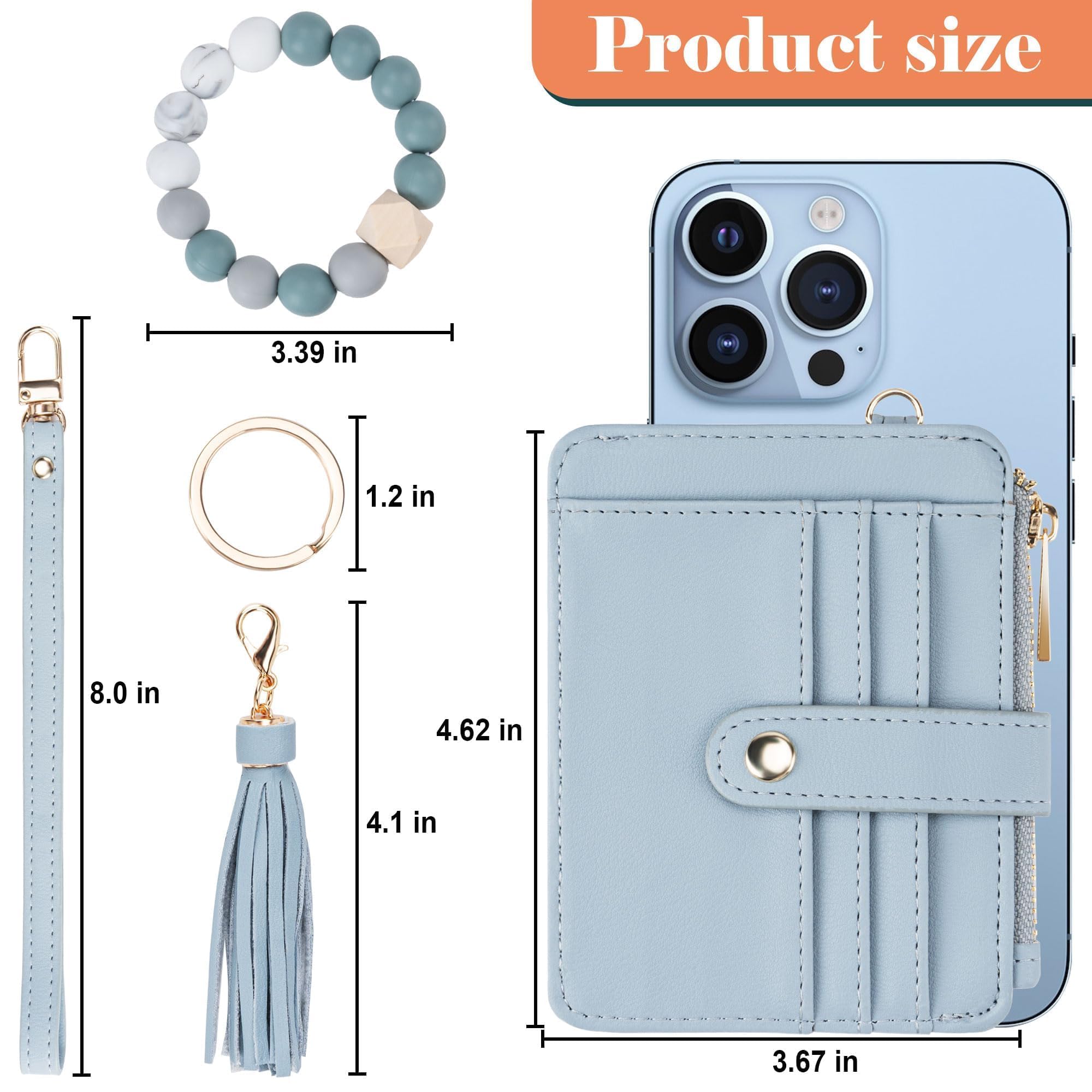 Credit Card Holder for Women, Small Keychain Wristlet Wallets | RFID Blocking Card Wallet with Silicone Beaded, Tassel, ID Window, Keyring and Zipper Coin Pocket