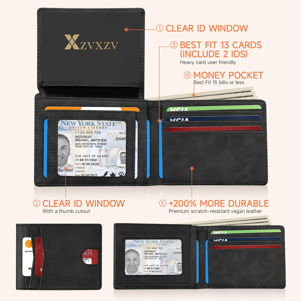 Cartera Ultrafina para Hombre, Billetera de Cuero con Bloqueo RFID, Bifold Elegante con Bolsillo Frontal Delgado Minimalista y 2 Ventanas para Identificación (Negro Carbón y Negro)