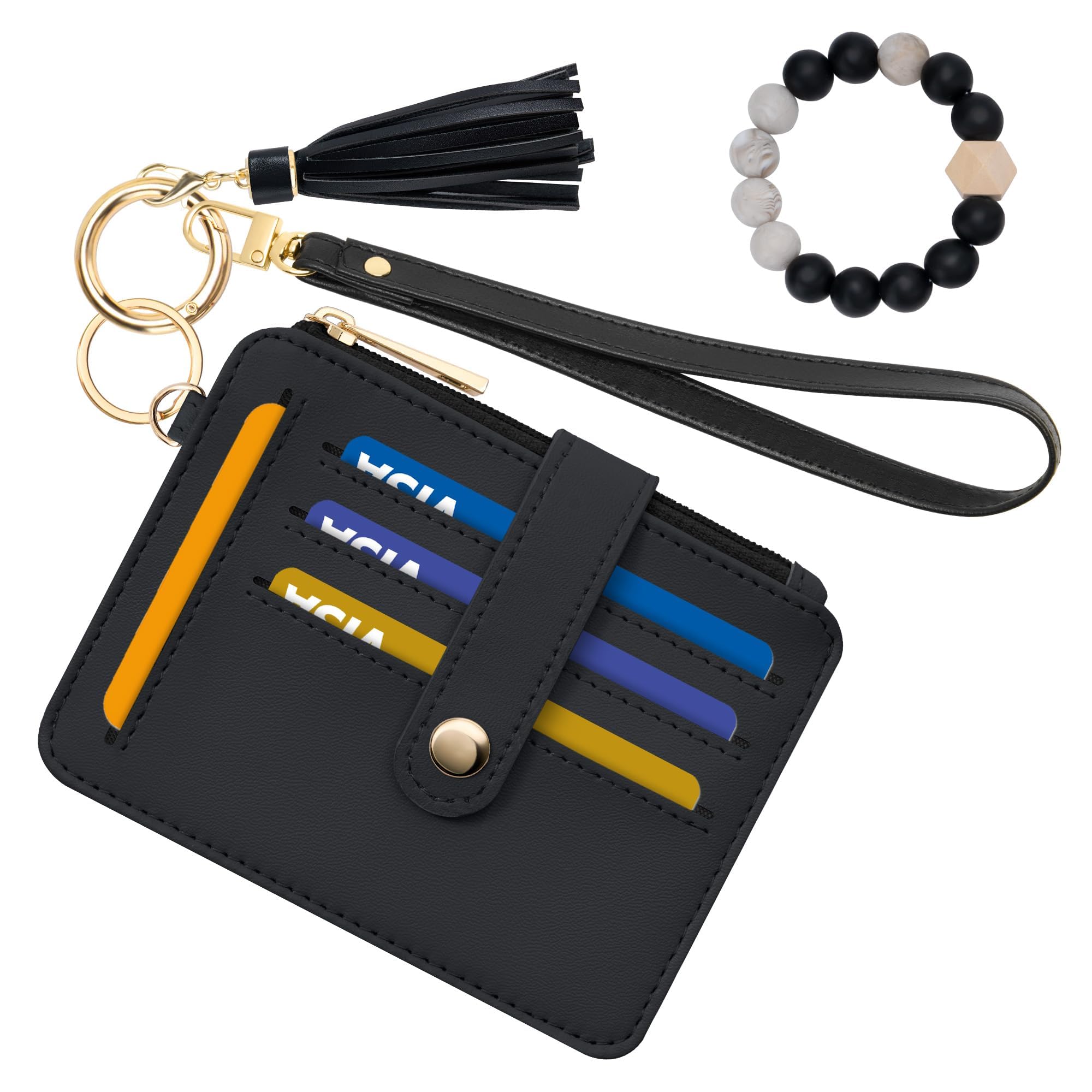 Credit Card Holder for Women, Small Keychain Wristlet Wallets | RFID Blocking Card Wallet with Silicone Beaded, Tassel, ID Window, Keyring and Zipper Coin Pocket