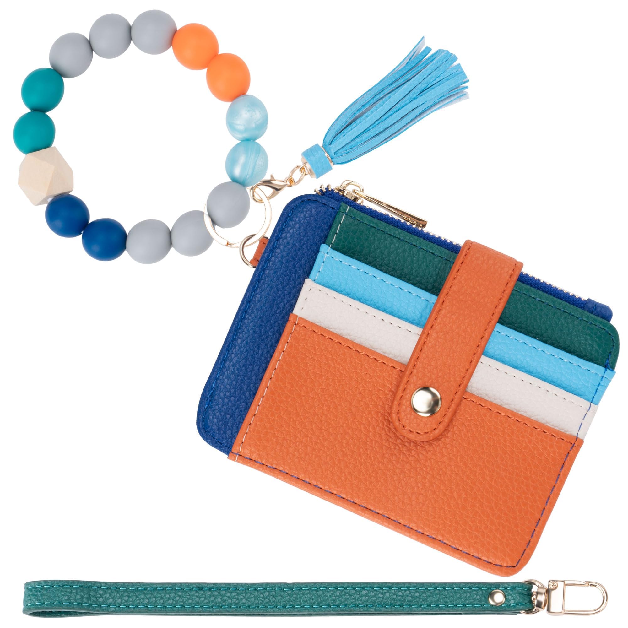 Credit Card Holder for Women, Small Keychain Wristlet Wallets | RFID Blocking Card Wallet with Silicone Beaded, Tassel, ID Window, Keyring and Zipper Coin Pocket