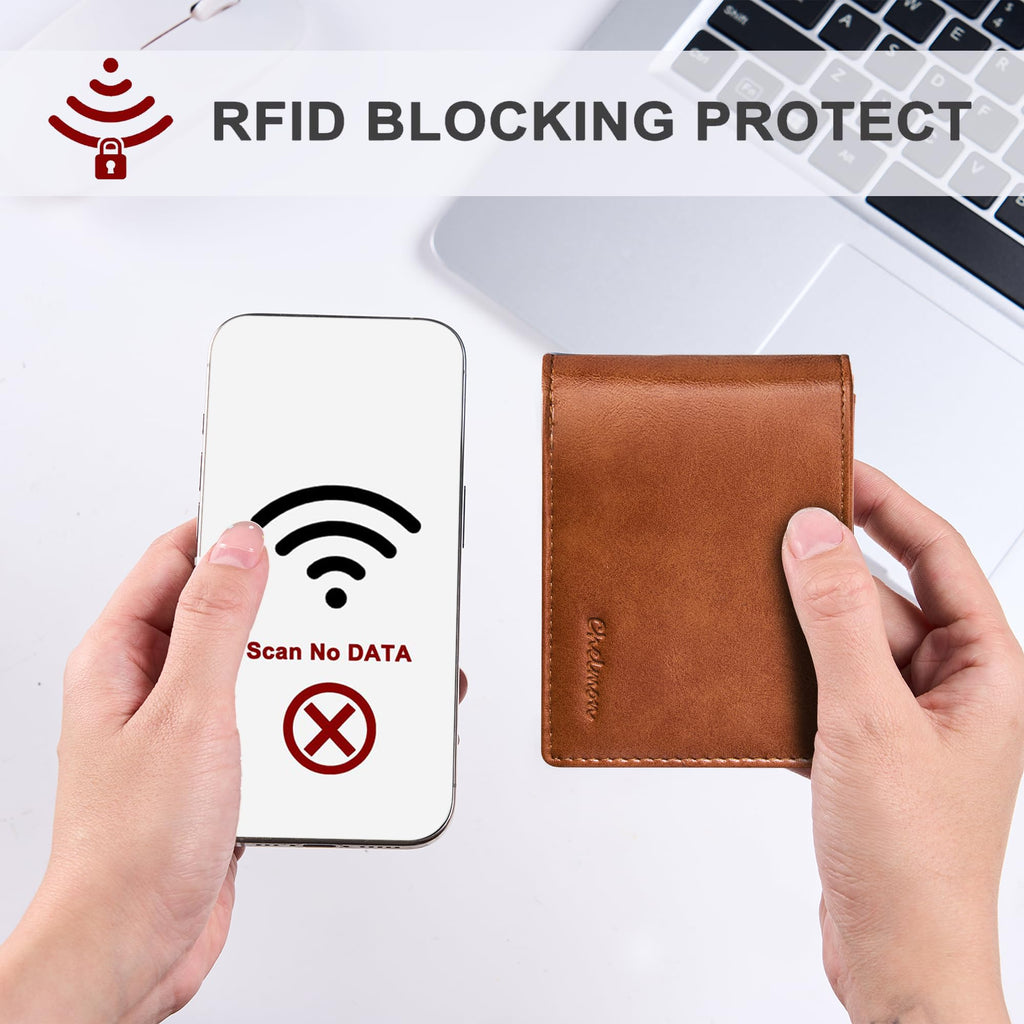 Cartera delgada Chelmon para hombre con ventana de identificación y bloqueo RFID, tarjetero minimalista plegable de bolsillo frontal para tarjetas de visita, regalo para hombres
