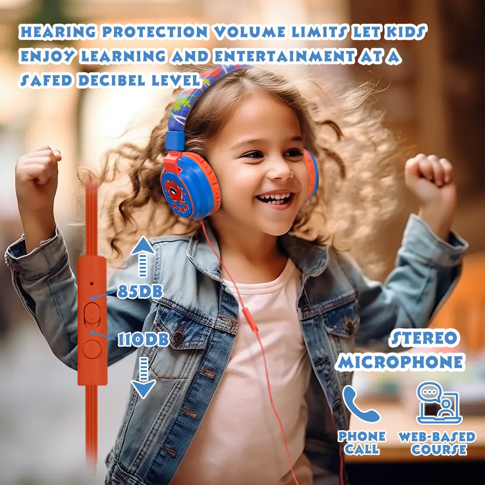 Auriculares para niños con volumen limitado a 85/94 dB - Auriculares con cable plegables para colocar sobre la oreja con micrófono, color rosa