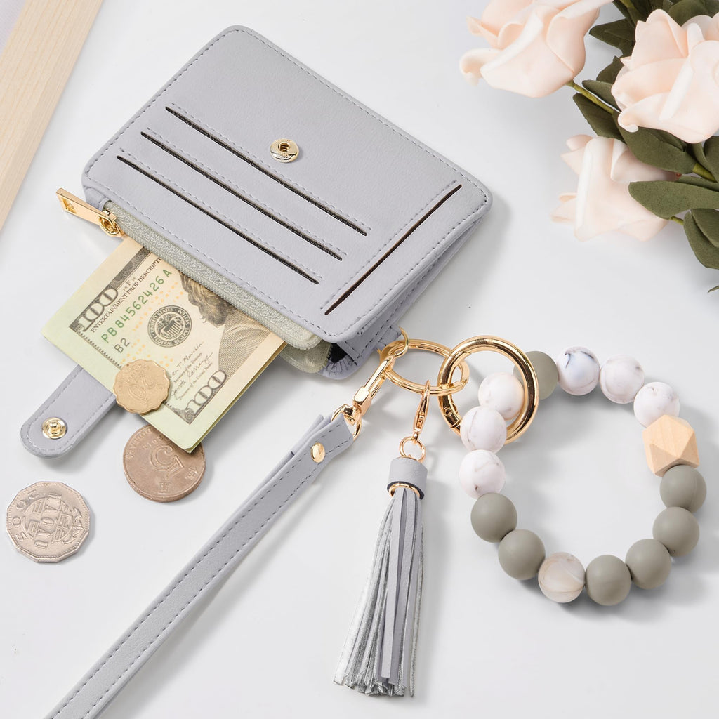 Credit Card Holder for Women, Small Keychain Wristlet Wallets | RFID Blocking Card Wallet with Silicone Beaded, Tassel, ID Window, Keyring and Zipper Coin Pocket
