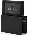 Billetera GNDR para hombre, doble pliegue, negra, con bloqueo RFID, delgada, de piel sintética, tarjetero, bolsillo frontal, accesorios minimalistas para hombre con caja de regalo
