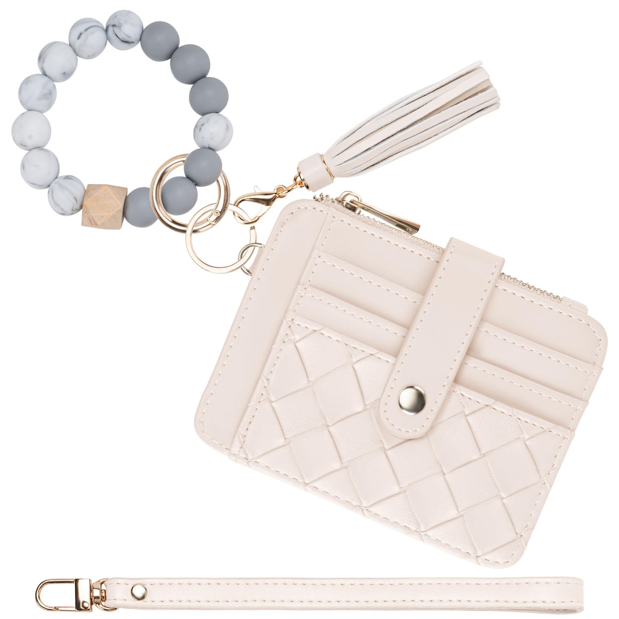 Credit Card Holder for Women, Small Keychain Wristlet Wallets | RFID Blocking Card Wallet with Silicone Beaded, Tassel, ID Window, Keyring and Zipper Coin Pocket
