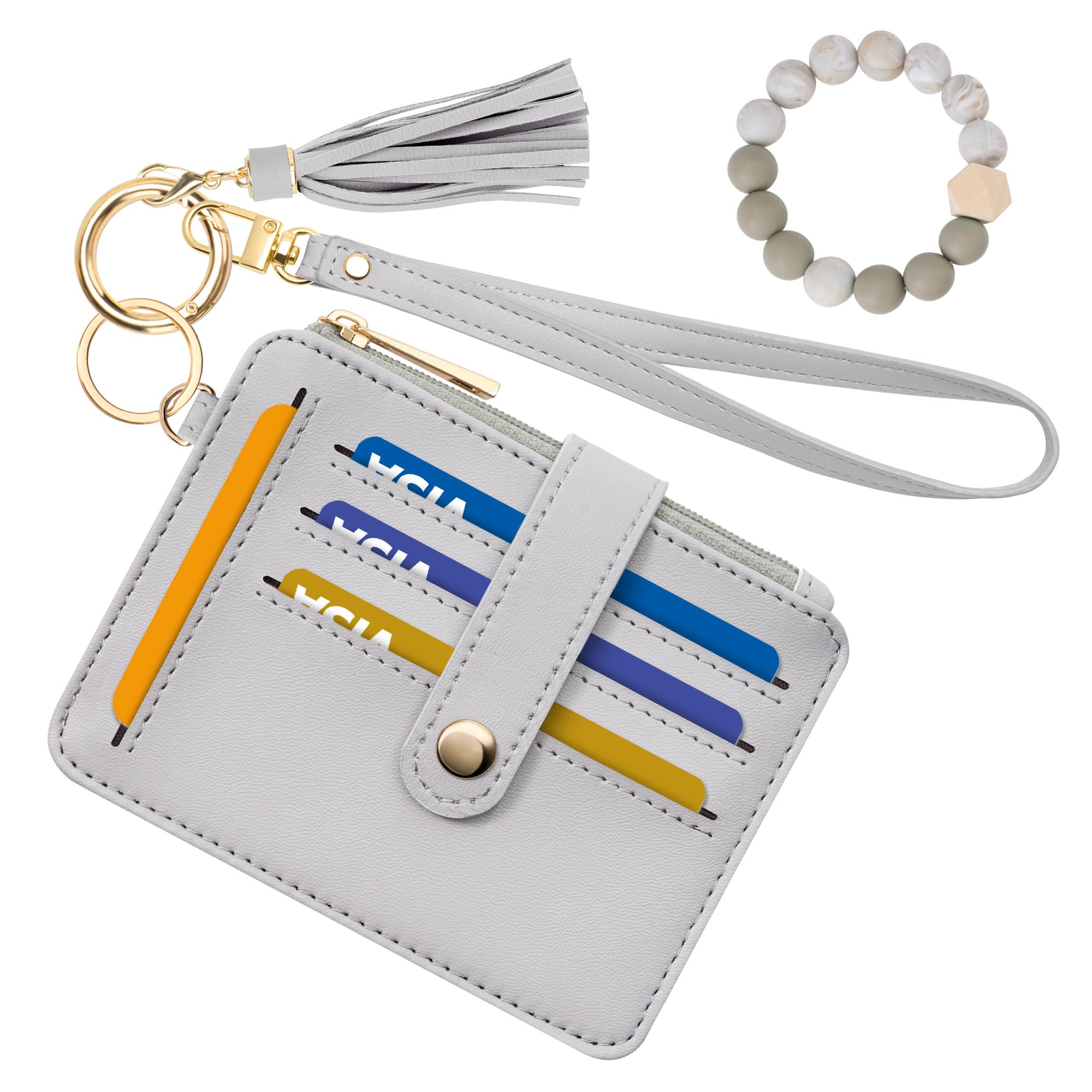 Credit Card Holder for Women, Small Keychain Wristlet Wallets | RFID Blocking Card Wallet with Silicone Beaded, Tassel, ID Window, Keyring and Zipper Coin Pocket