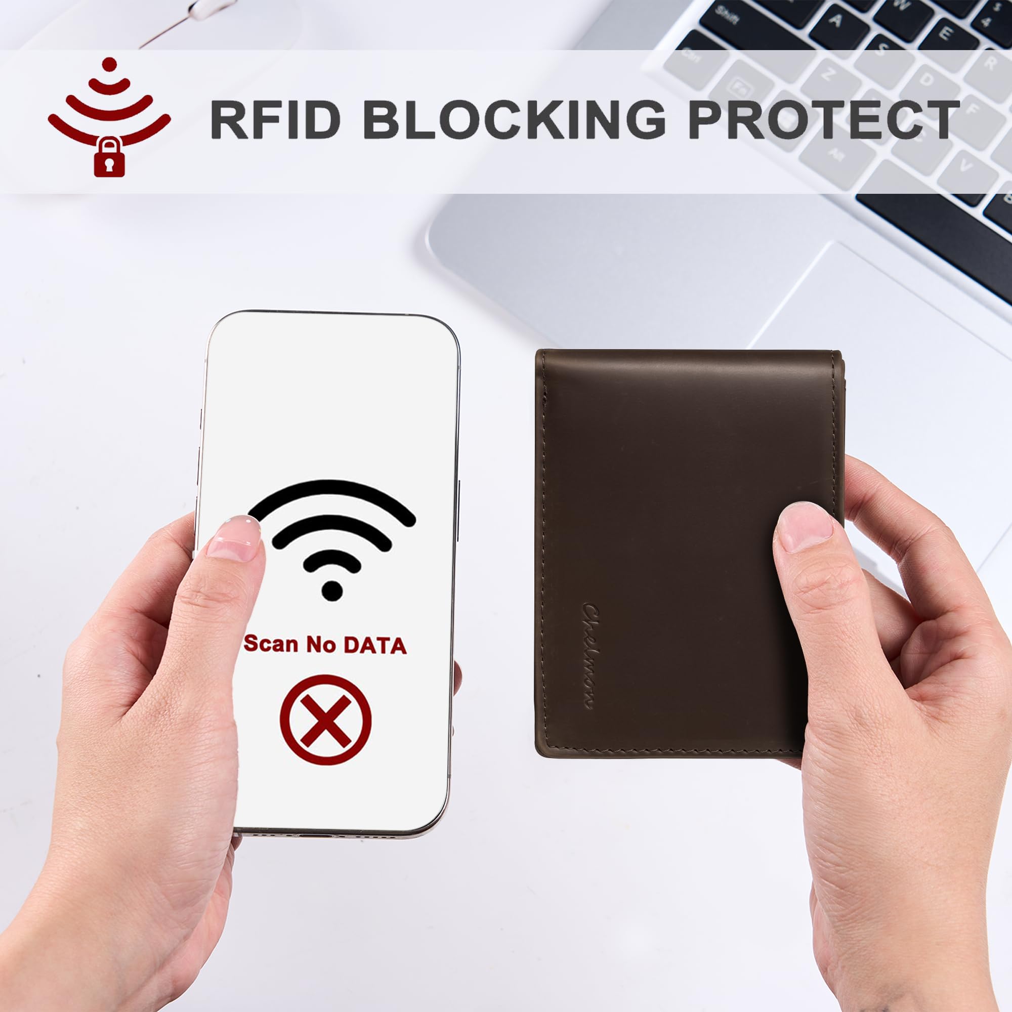 Cartera delgada Chelmon para hombre con ventana de identificación y bloqueo RFID, tarjetero minimalista plegable de bolsillo frontal para tarjetas de visita, regalo para hombres