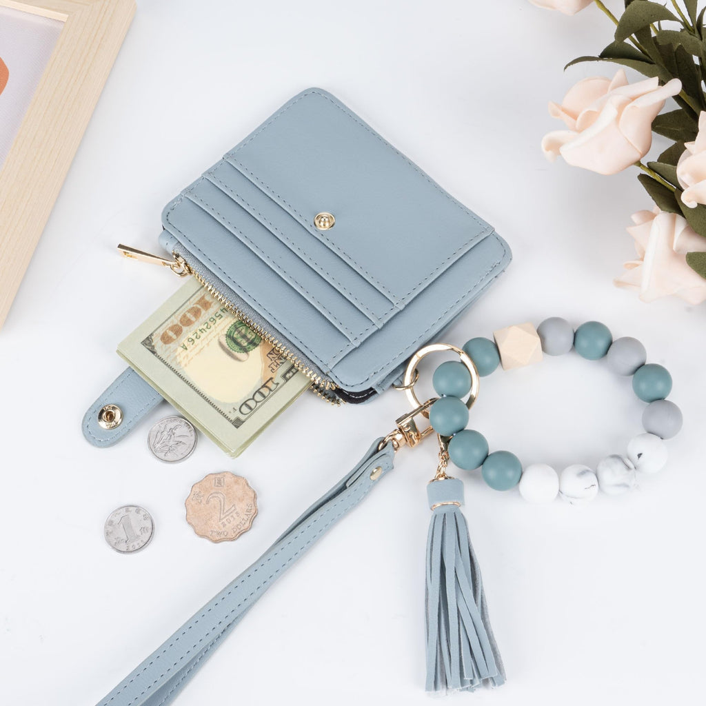 Credit Card Holder for Women, Small Keychain Wristlet Wallets | RFID Blocking Card Wallet with Silicone Beaded, Tassel, ID Window, Keyring and Zipper Coin Pocket