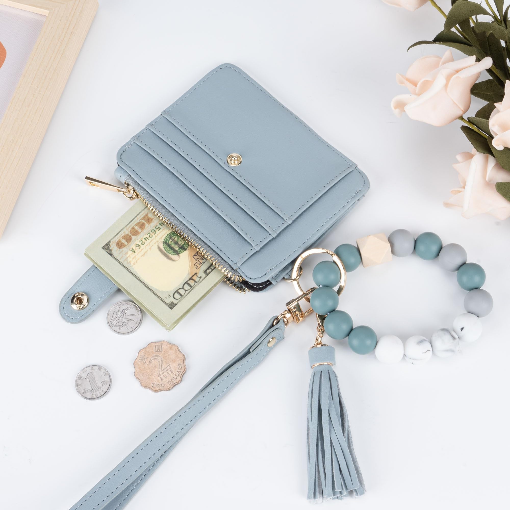 Credit Card Holder for Women, Small Keychain Wristlet Wallets | RFID Blocking Card Wallet with Silicone Beaded, Tassel, ID Window, Keyring and Zipper Coin Pocket