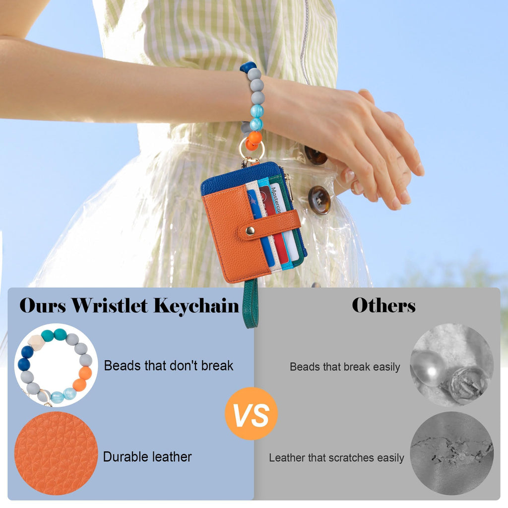 Credit Card Holder for Women, Small Keychain Wristlet Wallets | RFID Blocking Card Wallet with Silicone Beaded, Tassel, ID Window, Keyring and Zipper Coin Pocket