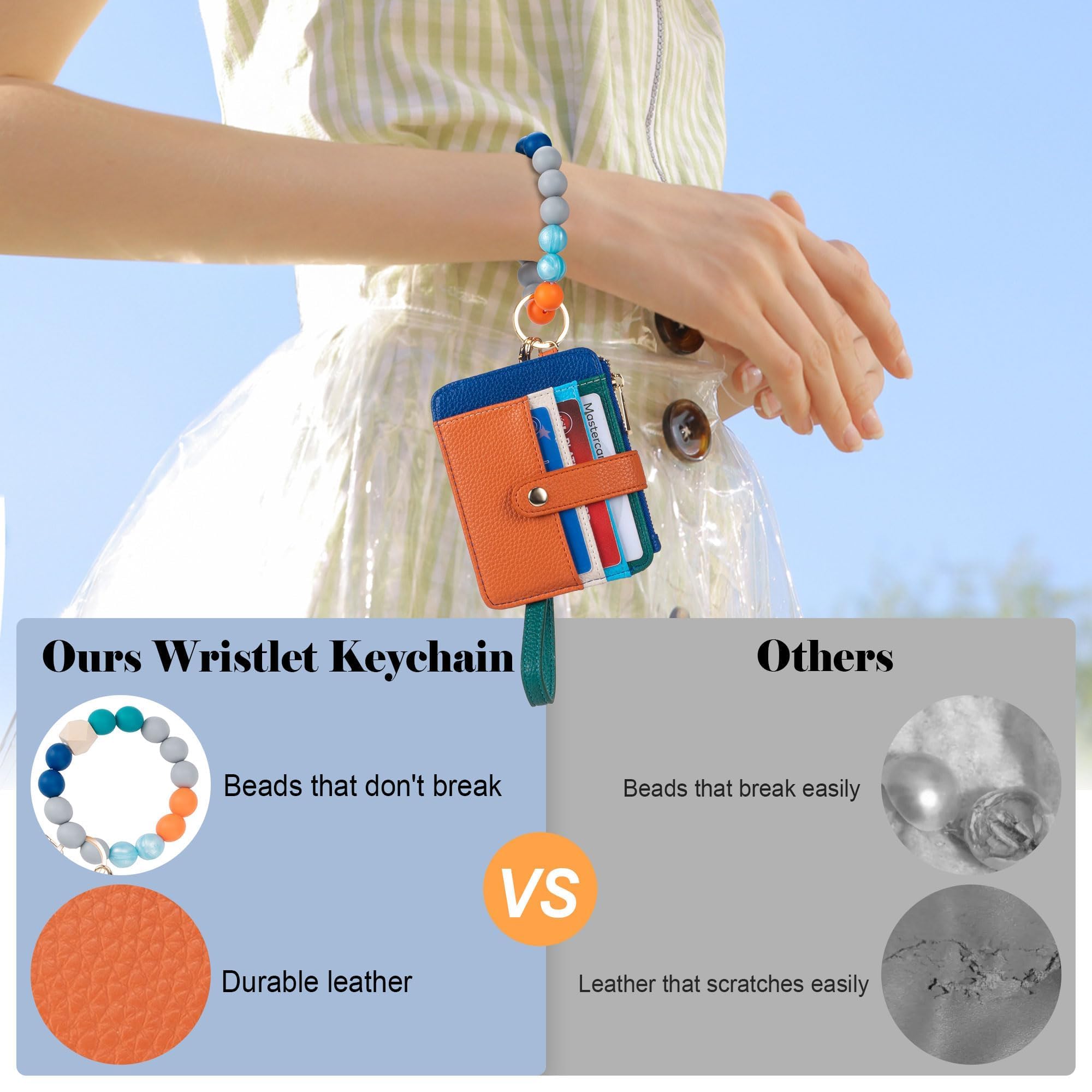 Credit Card Holder for Women, Small Keychain Wristlet Wallets | RFID Blocking Card Wallet with Silicone Beaded, Tassel, ID Window, Keyring and Zipper Coin Pocket