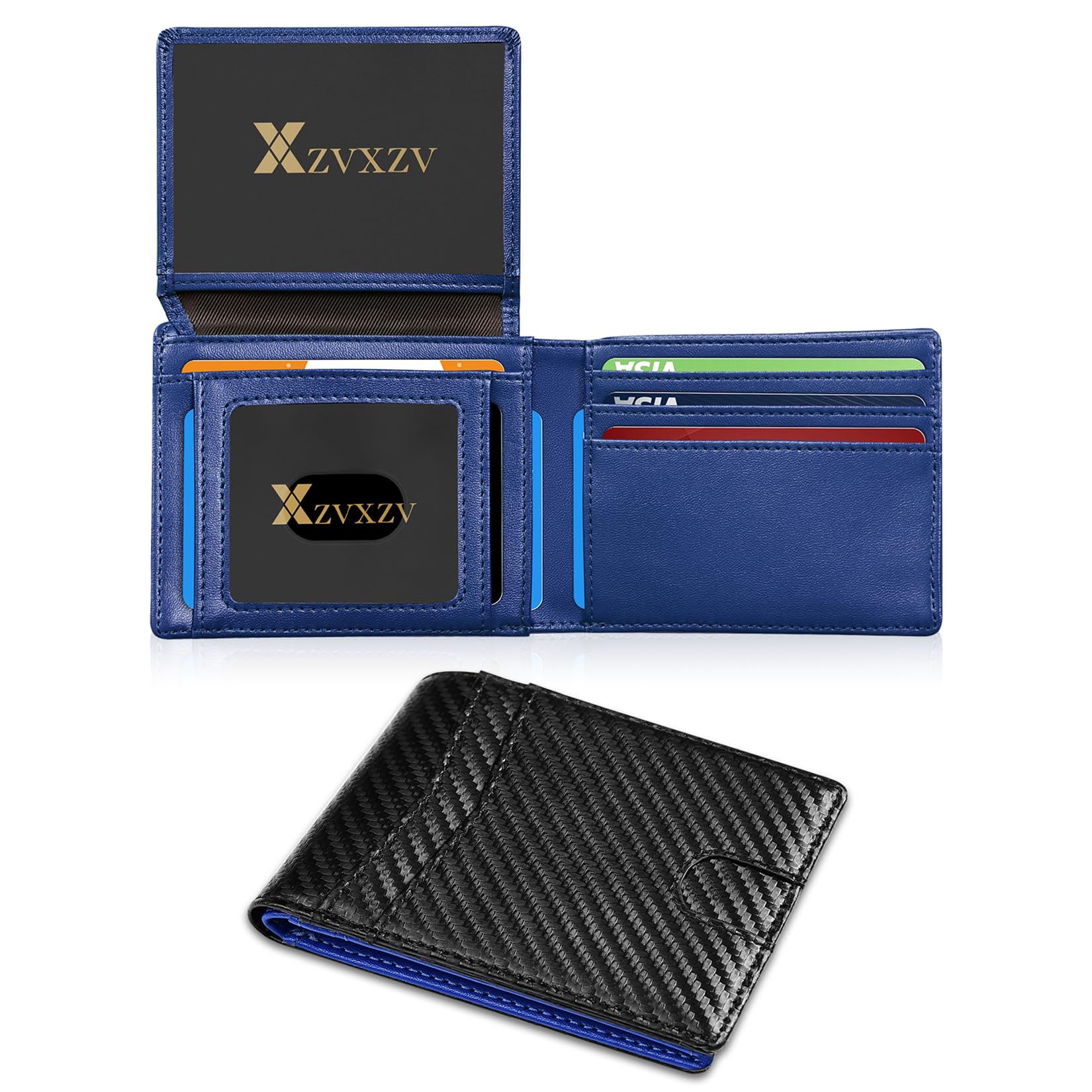 Men's Ultra Thin Wallet Leather RFID Blocking Bifold Stylish Wallet with Slim Minimalist Front Pocket 2 ID Windows (Carbon Black&Black)