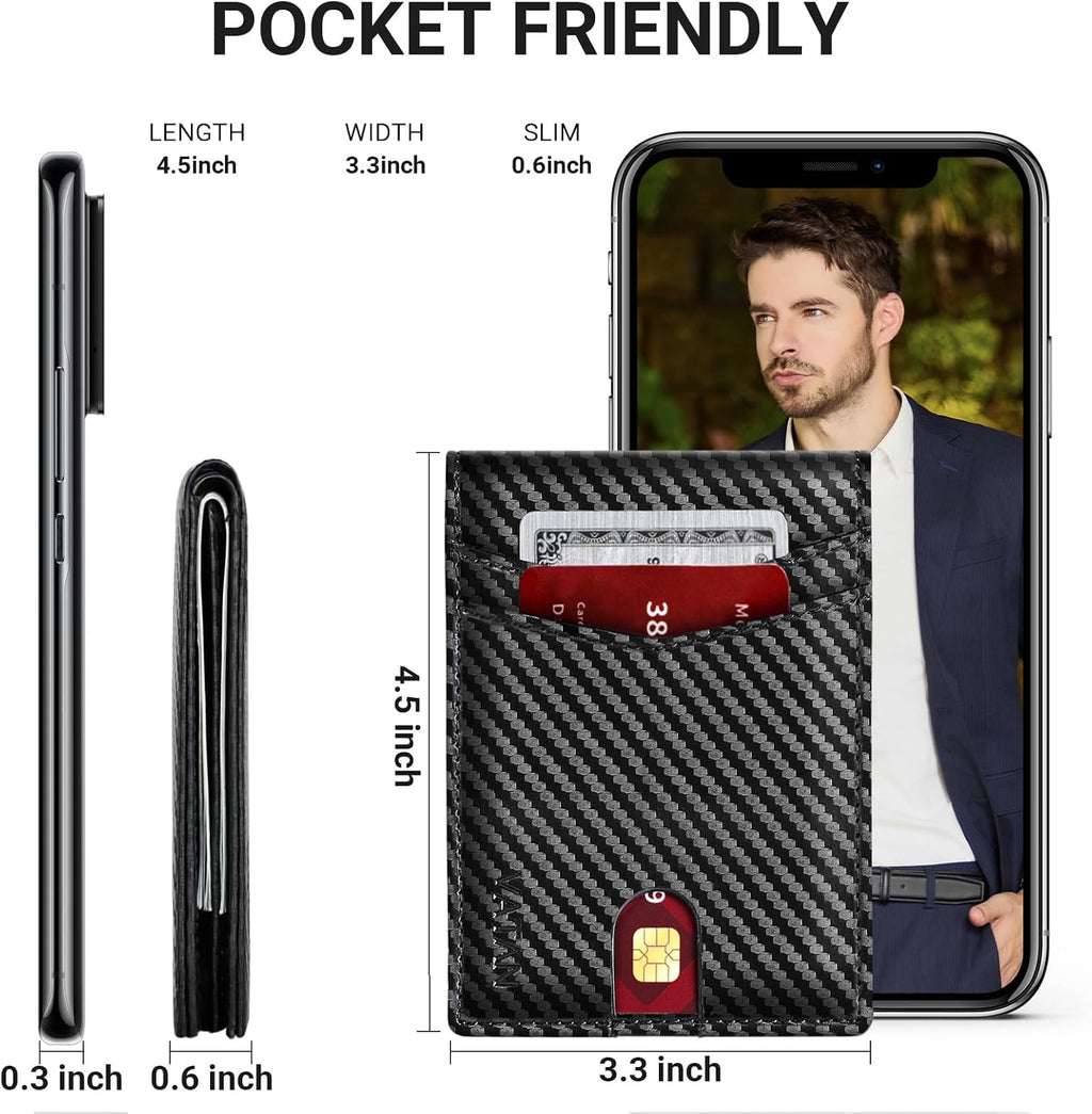 VATAN Cartera para Hombre Delgada con Bloqueo RFID, Tarjetero de Cuero para 15 Tarjetas, Billetera Plegable Minimalista Fina con 2 Ventanas de Identificación y Ranura para Efectivo, con Caja de Regalo (Negro Fibra de Carbono)