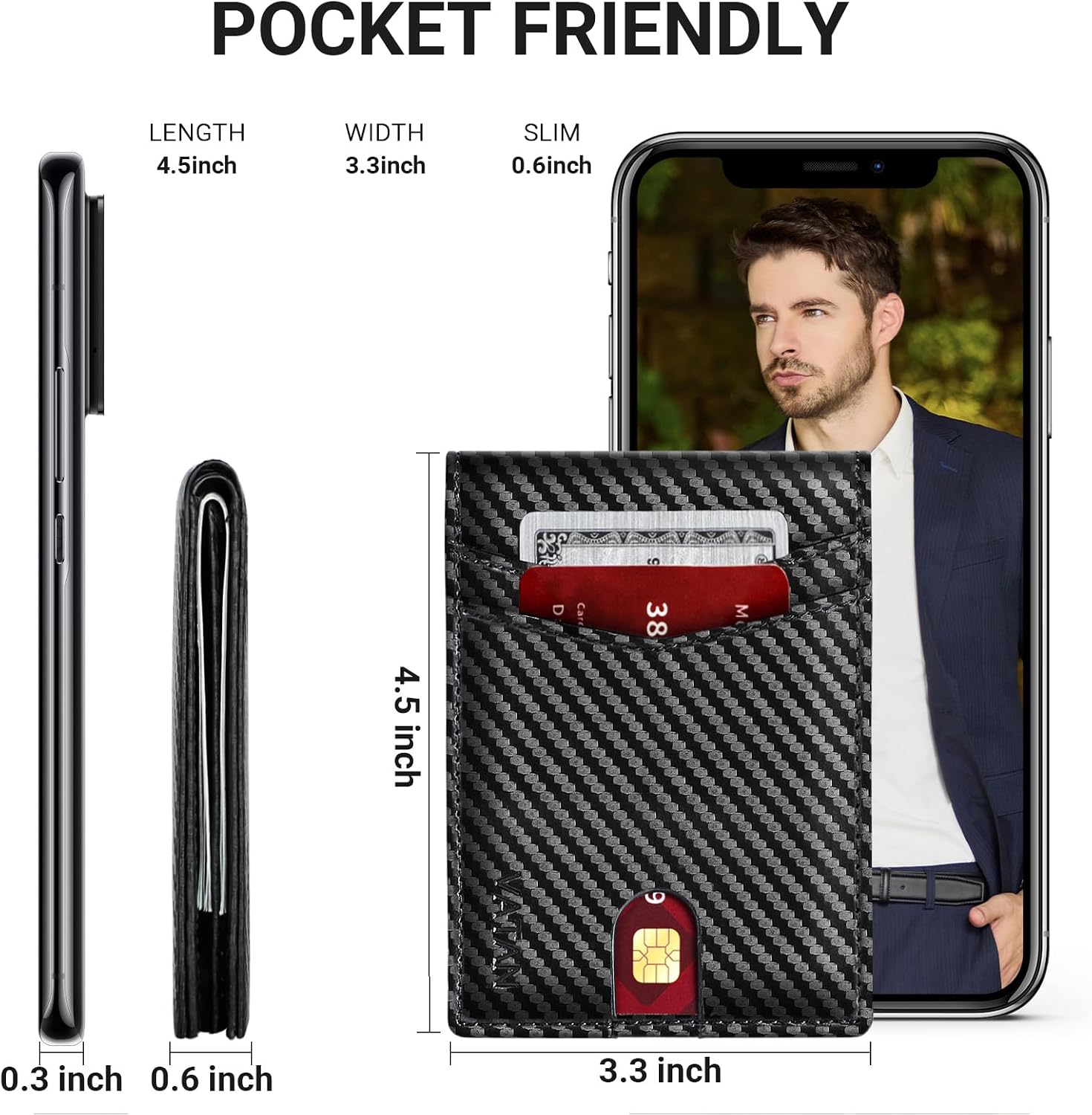 VATAN Wallet for Men Slim RFID Blocking Leather Credit Card Holder Wallet for 15 Cards, Bifold Minimalist Thin Wallet with 2 ID Windows & Cash Slot, With Gift Box (Carbon Fiber Black)