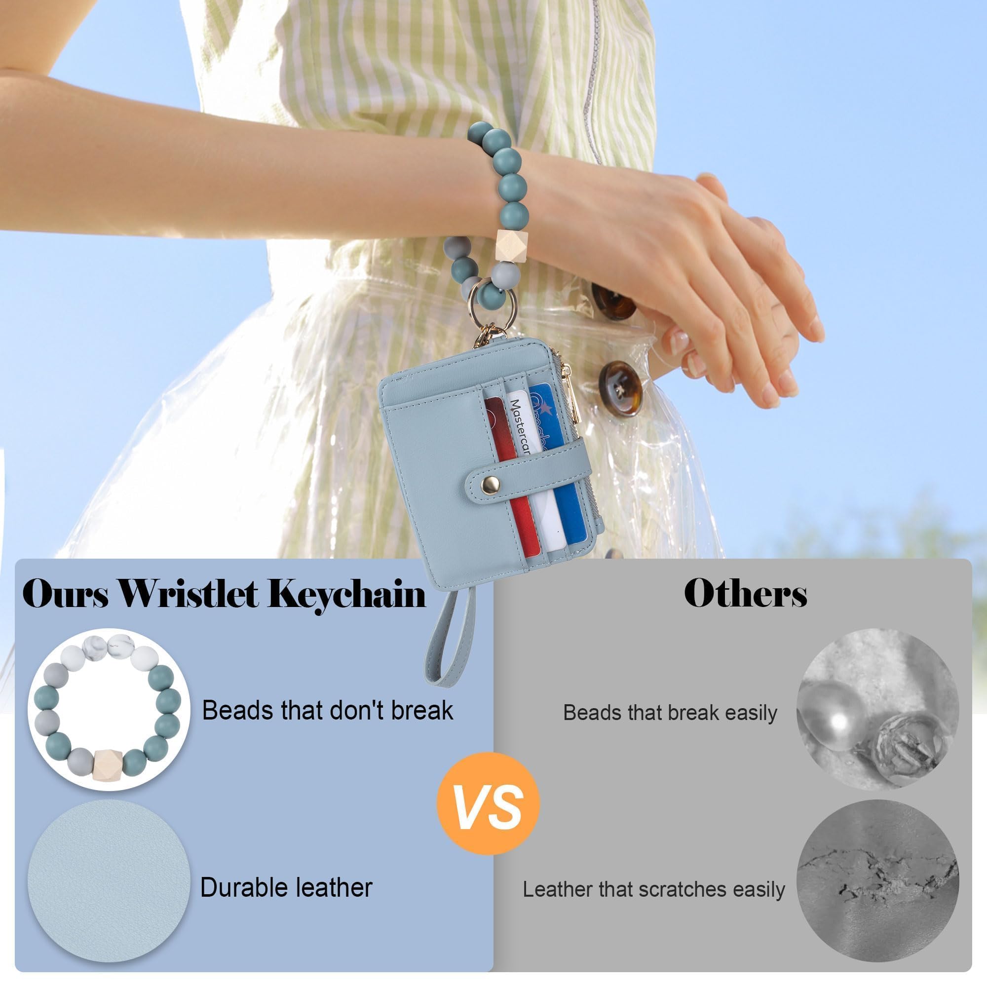 Credit Card Holder for Women, Small Keychain Wristlet Wallets | RFID Blocking Card Wallet with Silicone Beaded, Tassel, ID Window, Keyring and Zipper Coin Pocket