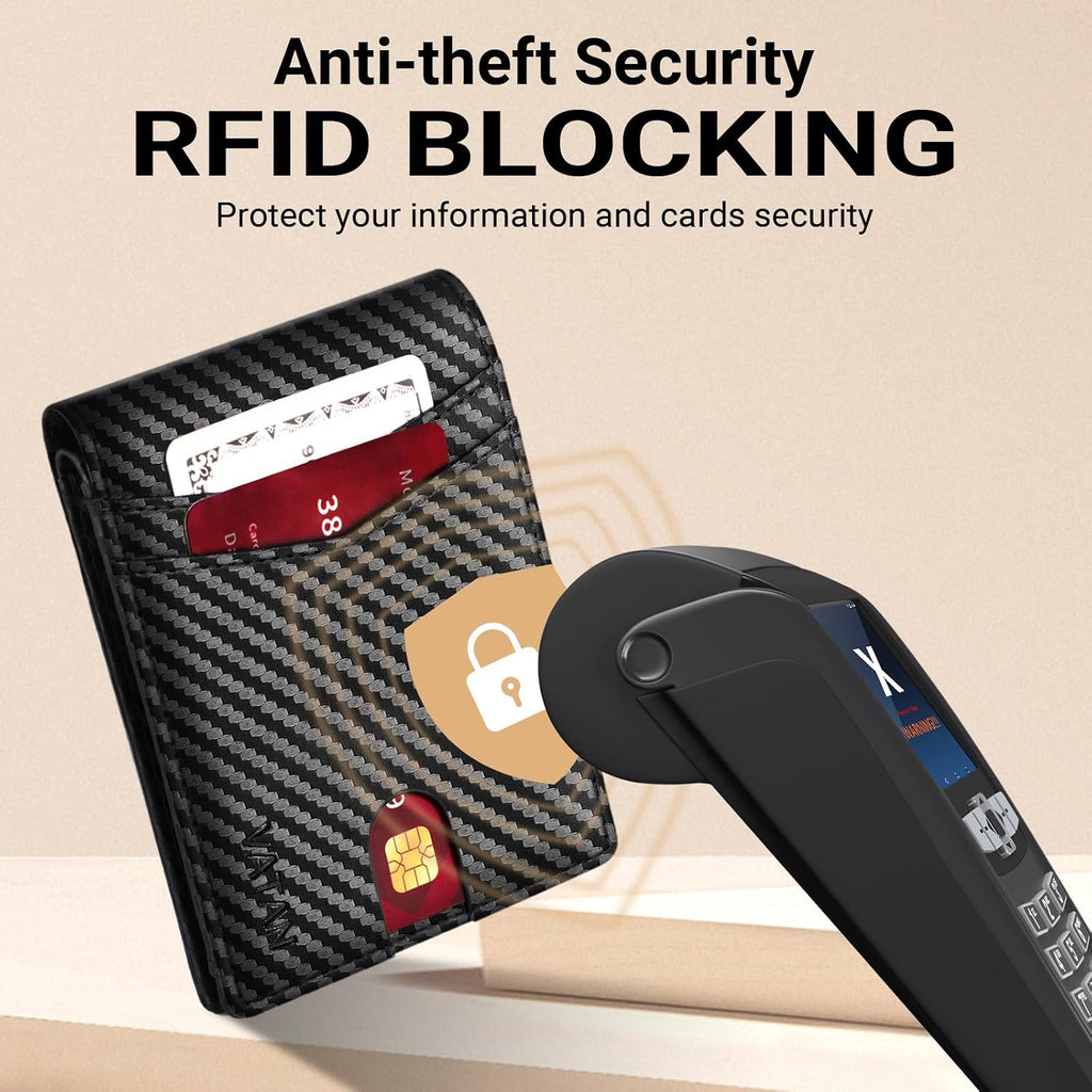 VATAN Cartera para Hombre Delgada con Bloqueo RFID, Tarjetero de Cuero para 15 Tarjetas, Billetera Plegable Minimalista Fina con 2 Ventanas de Identificación y Ranura para Efectivo, con Caja de Regalo (Negro Fibra de Carbono)