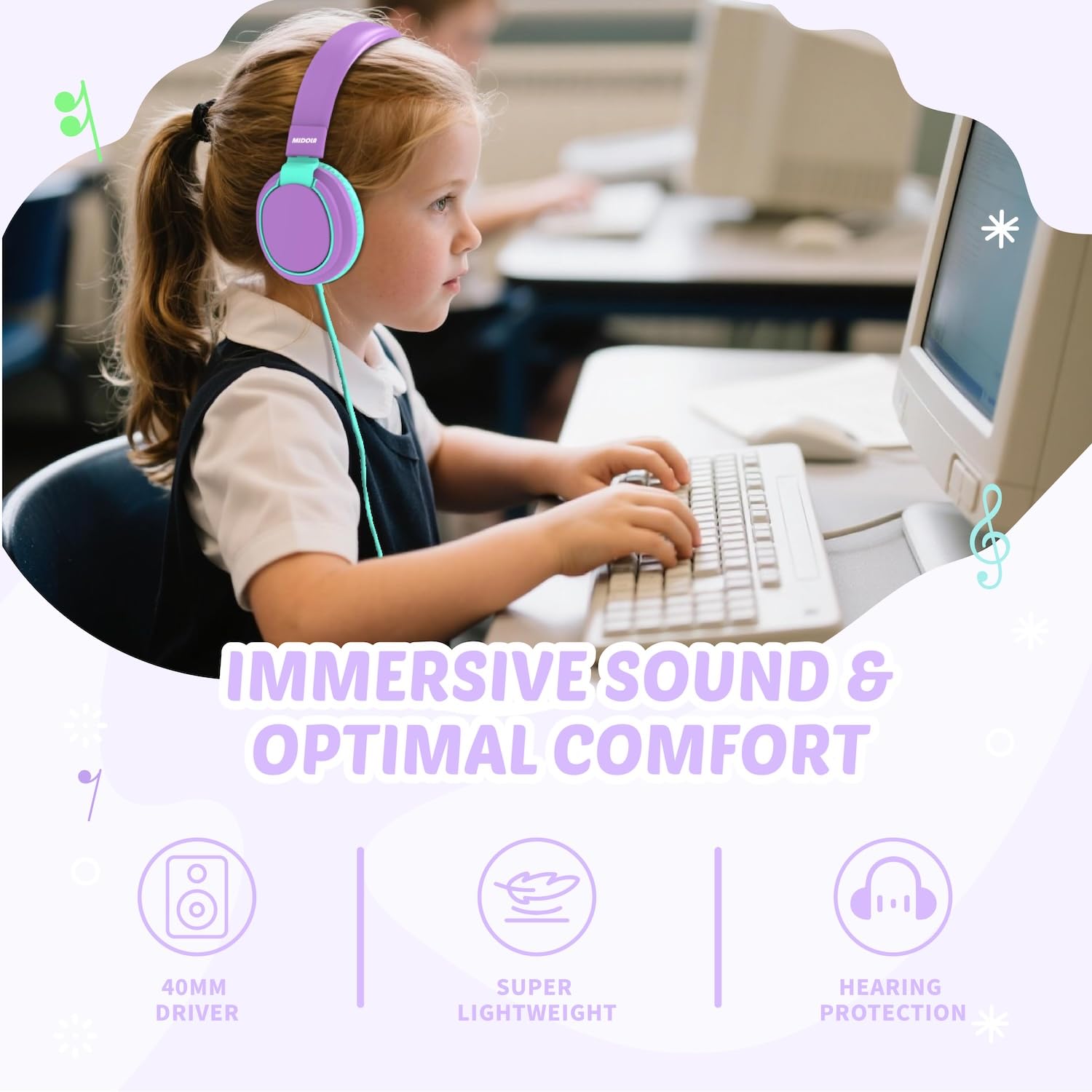 Auriculares para niños con volumen limitado a 85/94 dB - Auriculares con cable plegables para colocar sobre la oreja con micrófono, color rosa