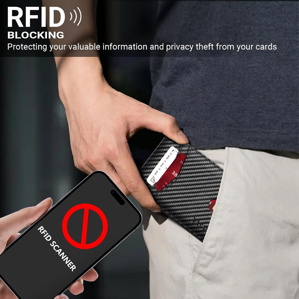 VATAN Cartera para Hombre Delgada con Bloqueo RFID, Tarjetero de Cuero para 15 Tarjetas, Billetera Plegable Minimalista Fina con 2 Ventanas de Identificación y Ranura para Efectivo, con Caja de Regalo (Negro Fibra de Carbono)