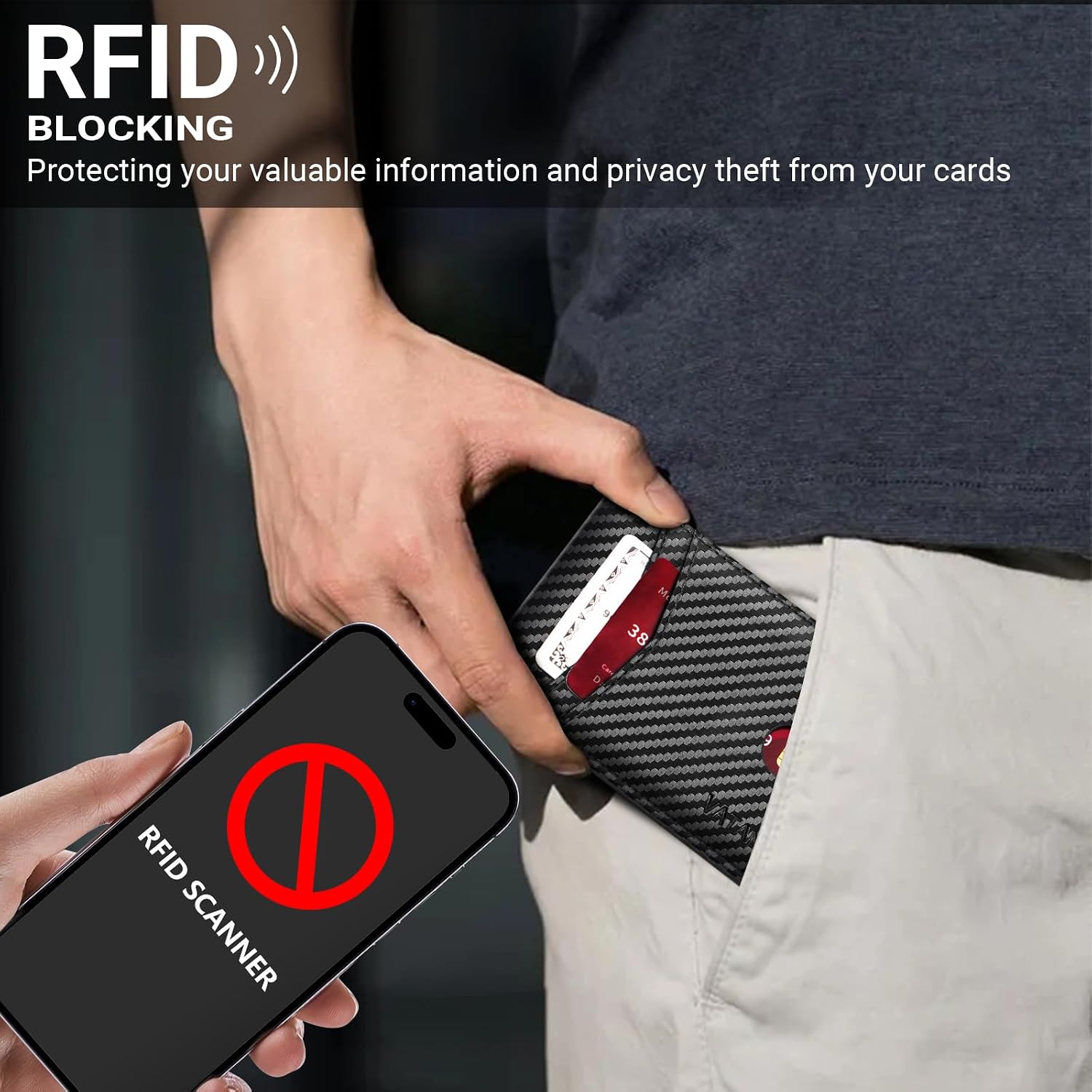 VATAN Cartera para Hombre Delgada con Bloqueo RFID, Tarjetero de Cuero para 15 Tarjetas, Billetera Plegable Minimalista Fina con 2 Ventanas de Identificación y Ranura para Efectivo, con Caja de Regalo (Negro Fibra de Carbono)