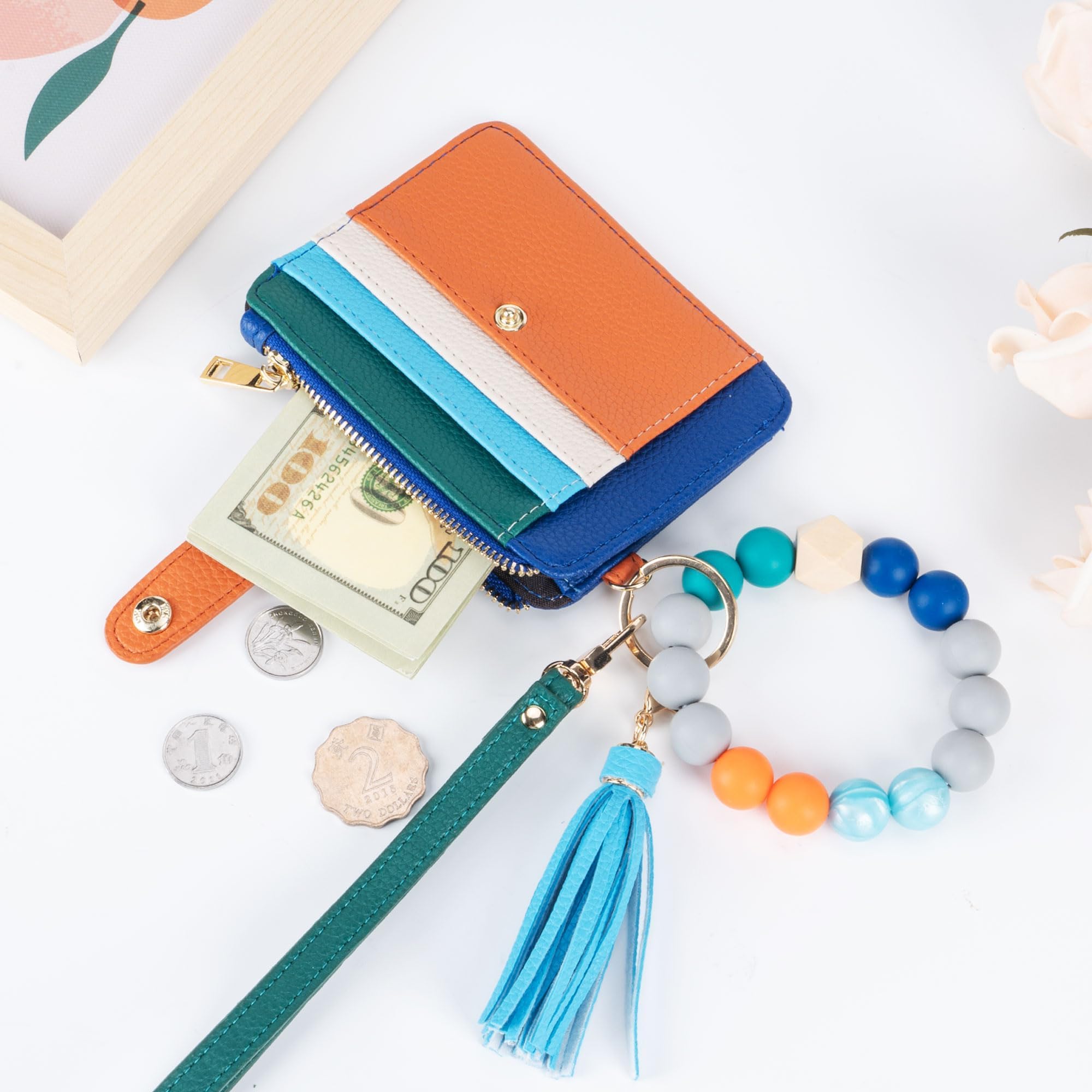 Credit Card Holder for Women, Small Keychain Wristlet Wallets | RFID Blocking Card Wallet with Silicone Beaded, Tassel, ID Window, Keyring and Zipper Coin Pocket