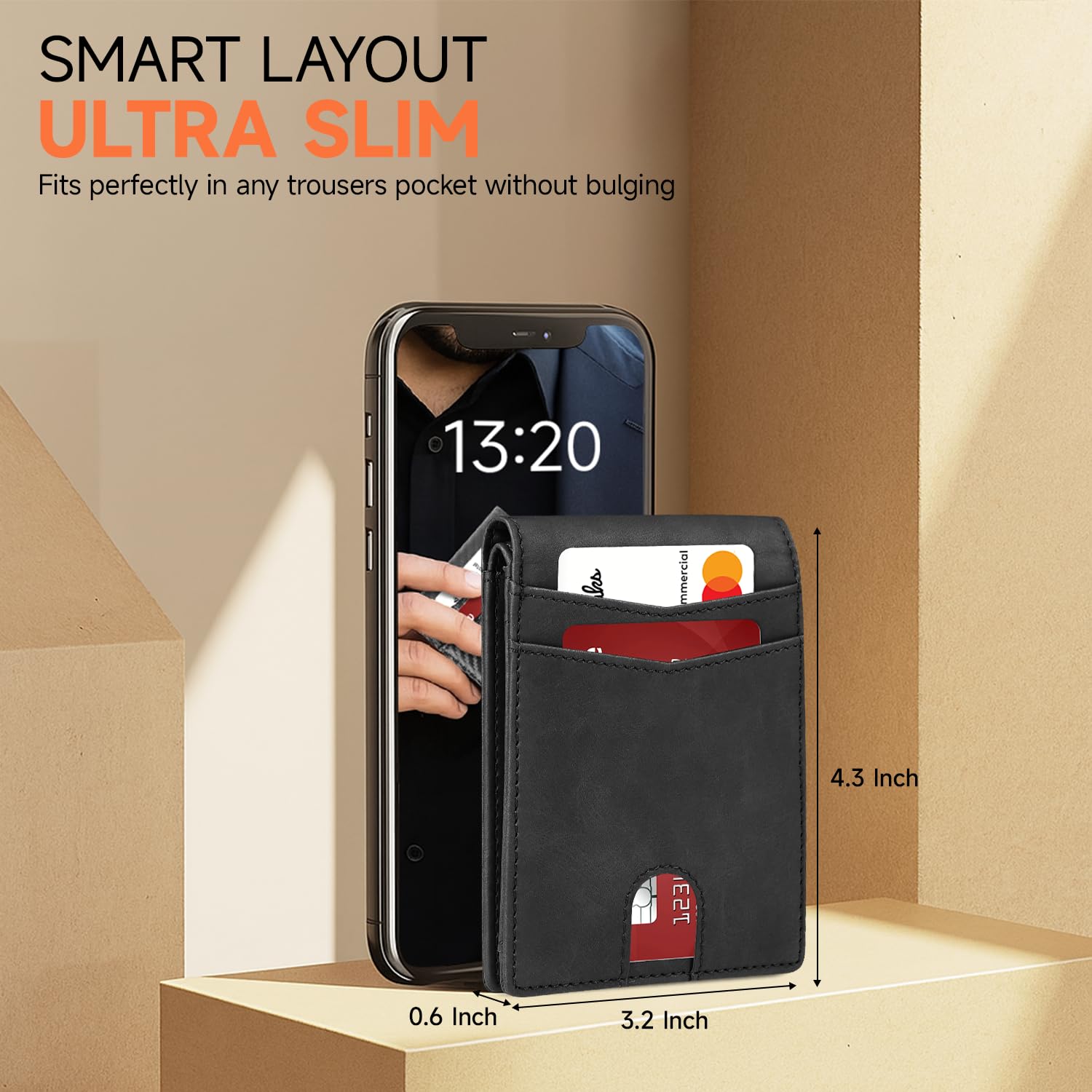 Cartera Ultrafina para Hombre, Billetera de Cuero con Bloqueo RFID, Bifold Elegante con Bolsillo Frontal Delgado Minimalista y 2 Ventanas para Identificación (Negro Carbón y Negro)