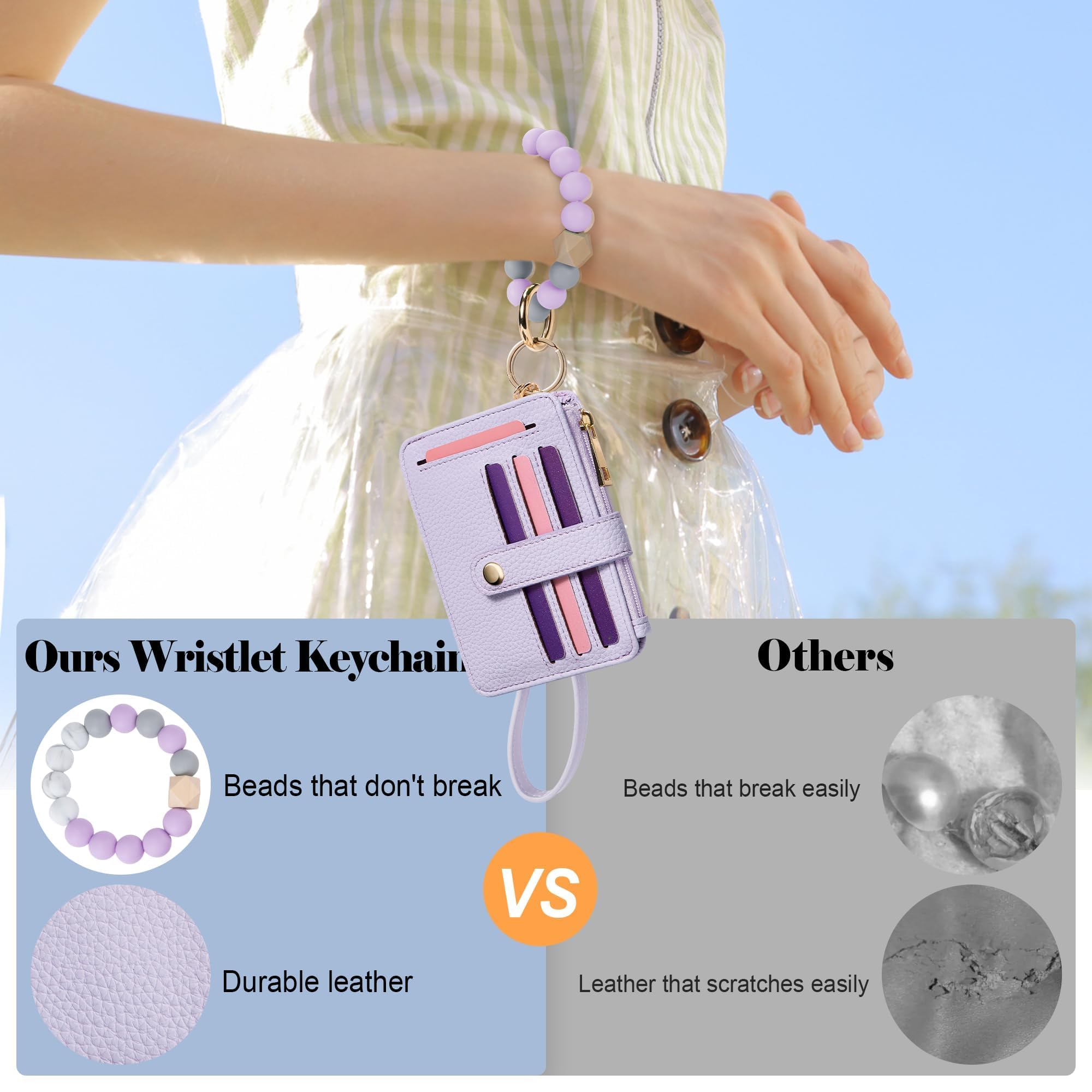 Credit Card Holder for Women, Small Keychain Wristlet Wallets | RFID Blocking Card Wallet with Silicone Beaded, Tassel, ID Window, Keyring and Zipper Coin Pocket