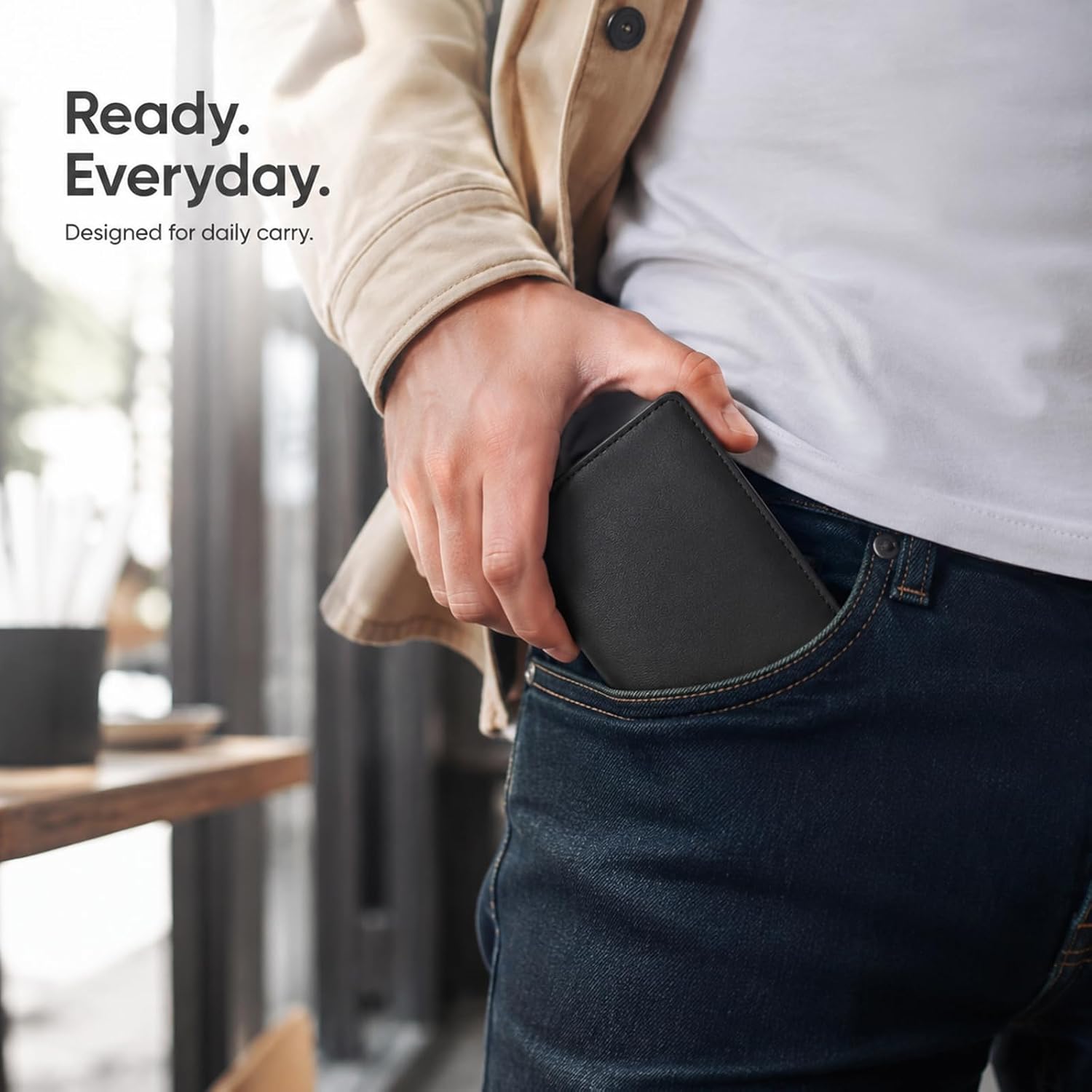 Billetera GNDR para hombre, doble pliegue, negra, con bloqueo RFID, delgada, de piel sintética, tarjetero, bolsillo frontal, accesorios minimalistas para hombre con caja de regalo