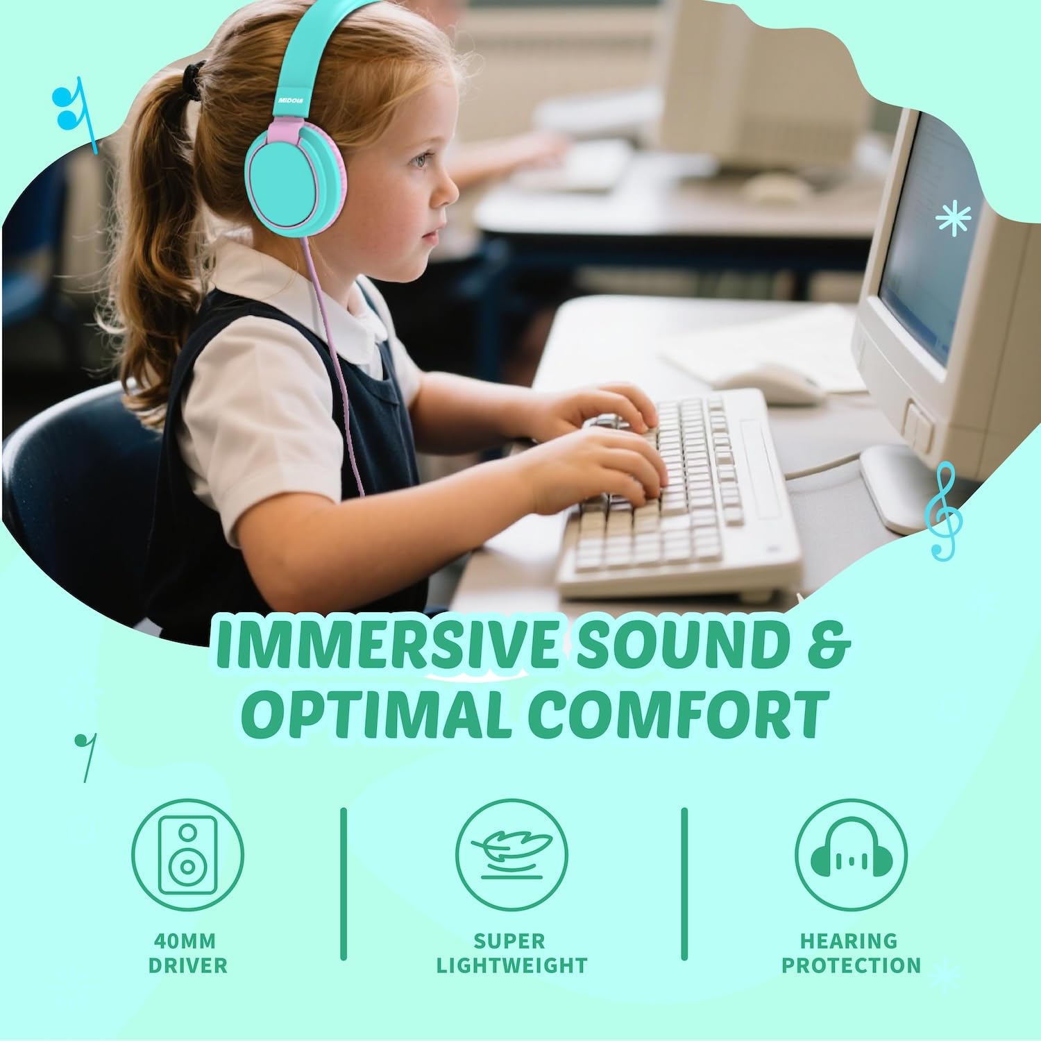Auriculares para niños con volumen limitado a 85/94 dB - Auriculares con cable plegables para colocar sobre la oreja con micrófono, color rosa