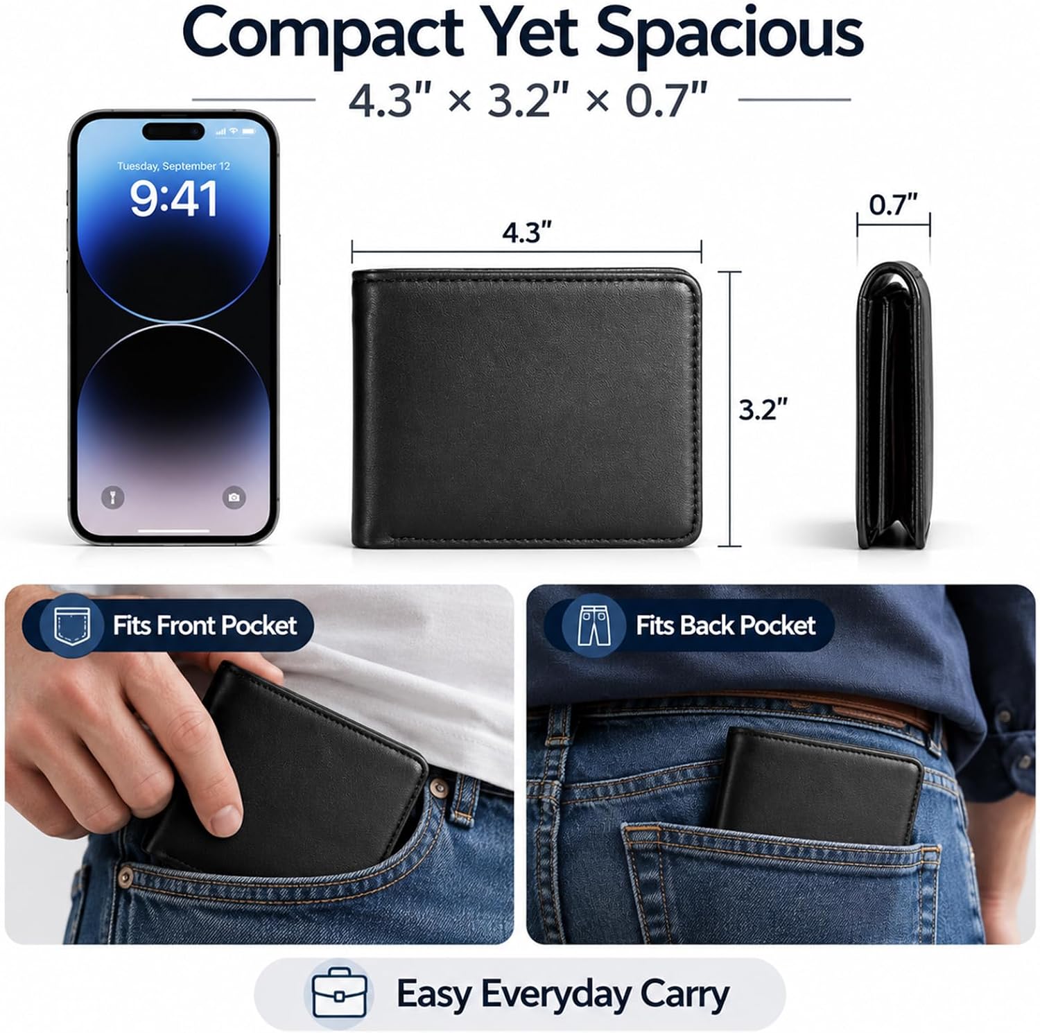 Billetera GNDR para hombre, doble pliegue, negra, con bloqueo RFID, delgada, de piel sintética, tarjetero, bolsillo frontal, accesorios minimalistas para hombre con caja de regalo