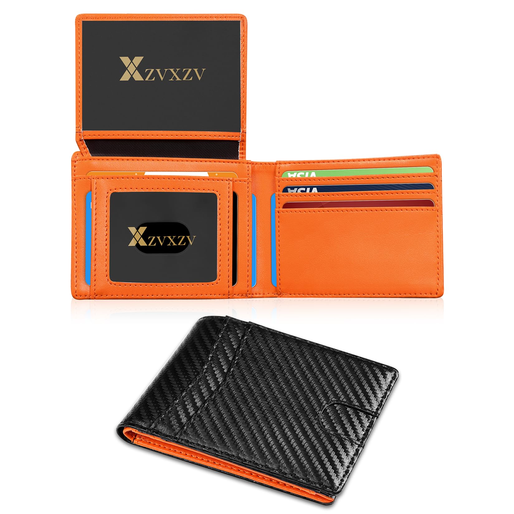 Men's Ultra Thin Wallet Leather RFID Blocking Bifold Stylish Wallet with Slim Minimalist Front Pocket 2 ID Windows (Carbon Black&Black)