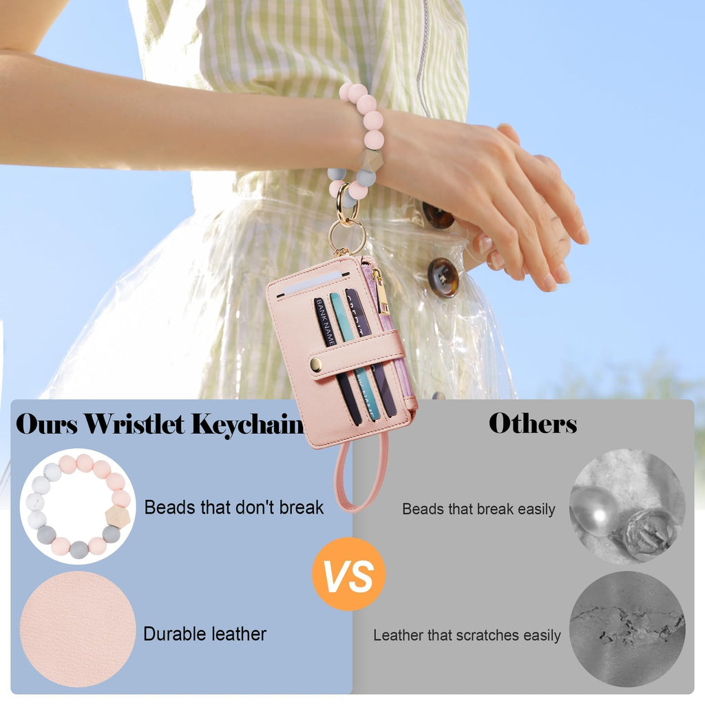 Credit Card Holder for Women, Small Keychain Wristlet Wallets | RFID Blocking Card Wallet with Silicone Beaded, Tassel, ID Window, Keyring and Zipper Coin Pocket