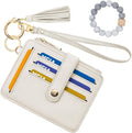 Credit Card Holder for Women, Small Keychain Wristlet Wallets | RFID Blocking Card Wallet with Silicone Beaded, Tassel, ID Window, Keyring and Zipper Coin Pocket