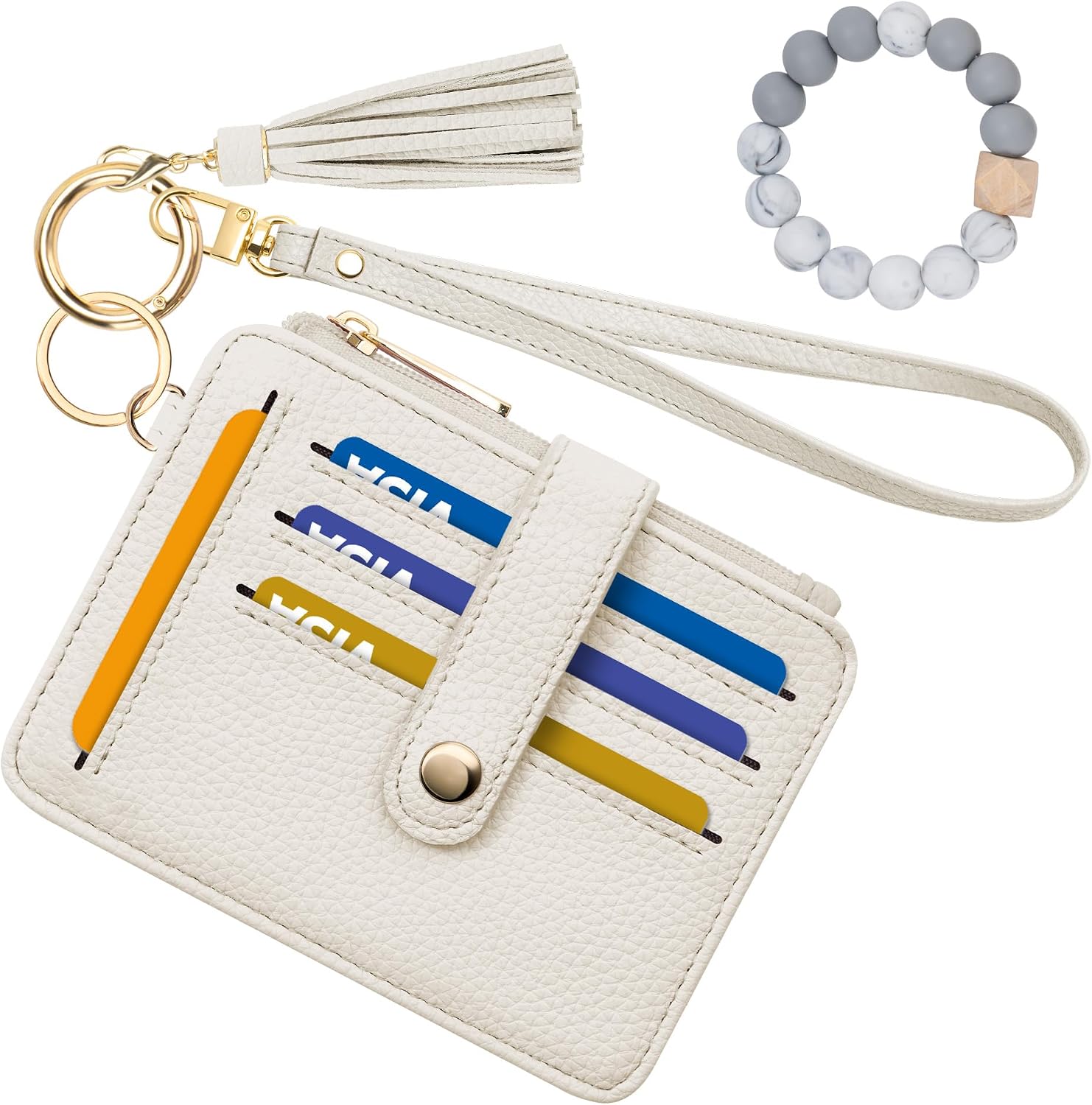 Credit Card Holder for Women, Small Keychain Wristlet Wallets | RFID Blocking Card Wallet with Silicone Beaded, Tassel, ID Window, Keyring and Zipper Coin Pocket