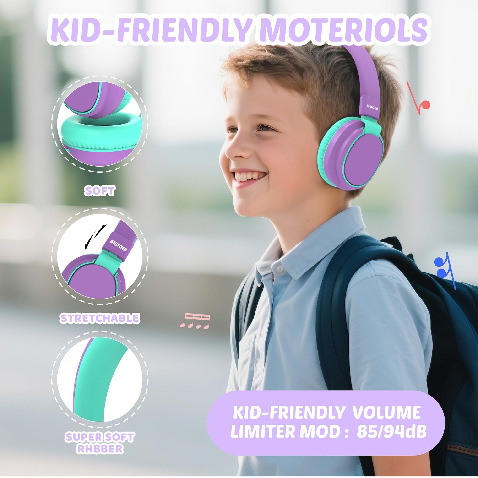 Auriculares para niños con volumen limitado a 85/94 dB - Auriculares con cable plegables para colocar sobre la oreja con micrófono, color rosa