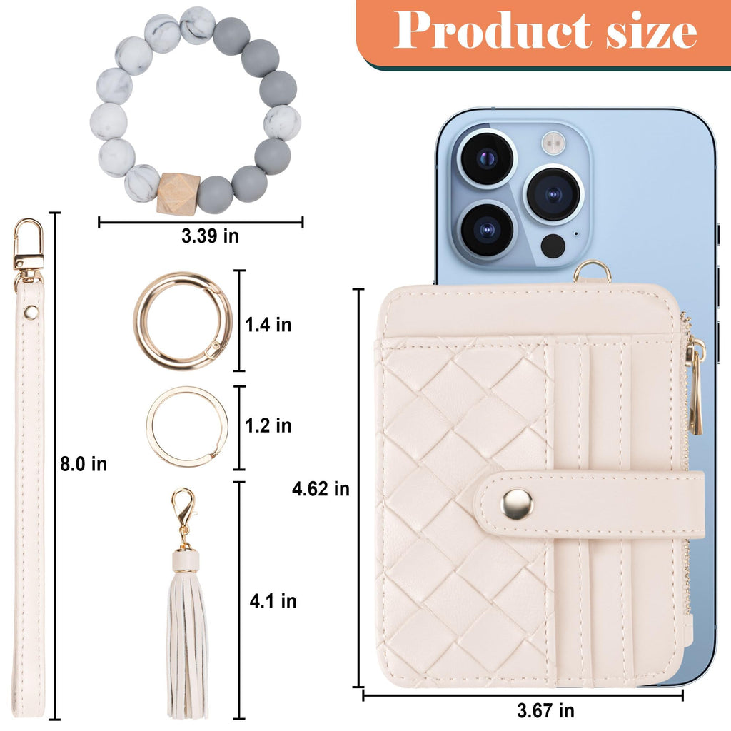 Credit Card Holder for Women, Small Keychain Wristlet Wallets | RFID Blocking Card Wallet with Silicone Beaded, Tassel, ID Window, Keyring and Zipper Coin Pocket