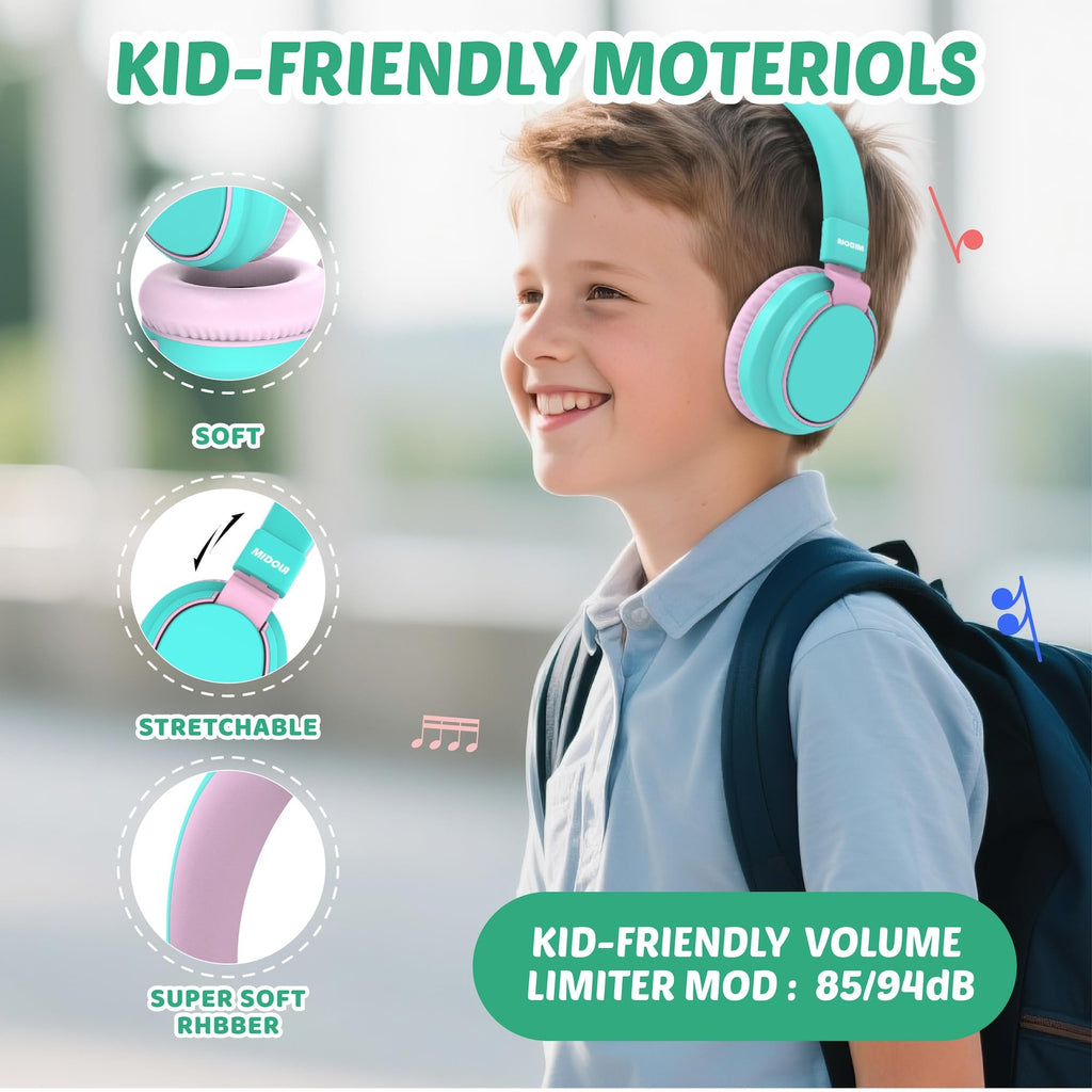 Auriculares para niños con volumen limitado a 85/94 dB - Auriculares con cable plegables para colocar sobre la oreja con micrófono, color rosa