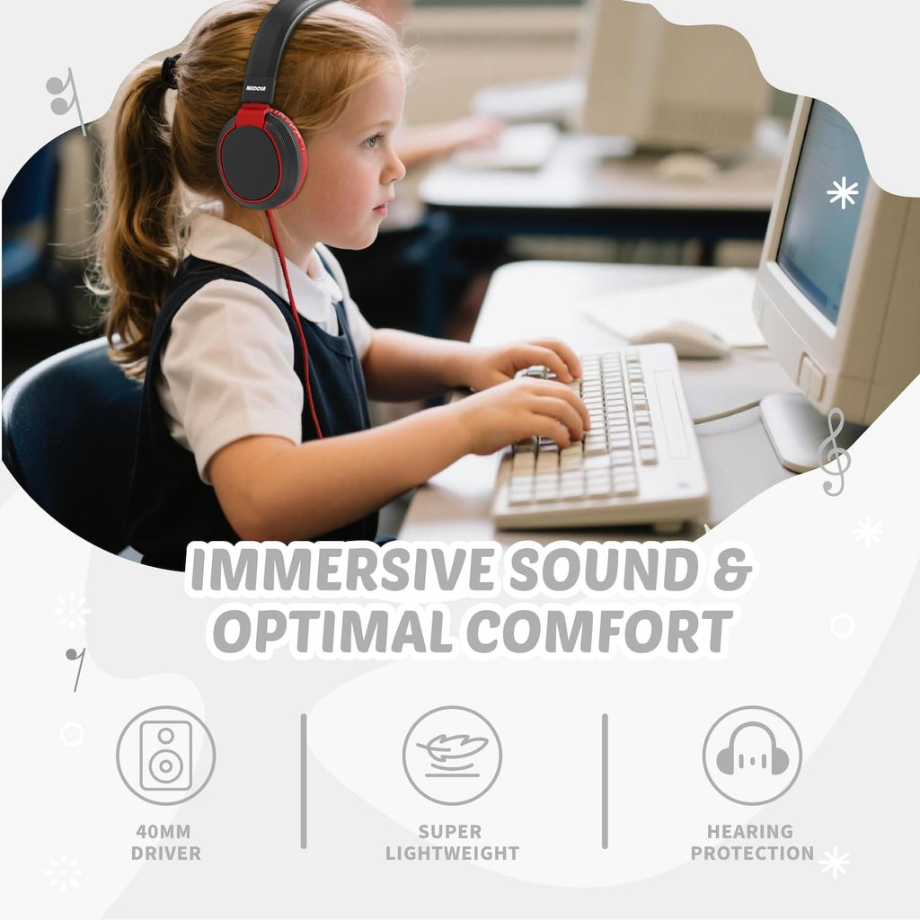 Auriculares para niños con volumen limitado a 85/94 dB - Auriculares con cable plegables para colocar sobre la oreja con micrófono, color rosa