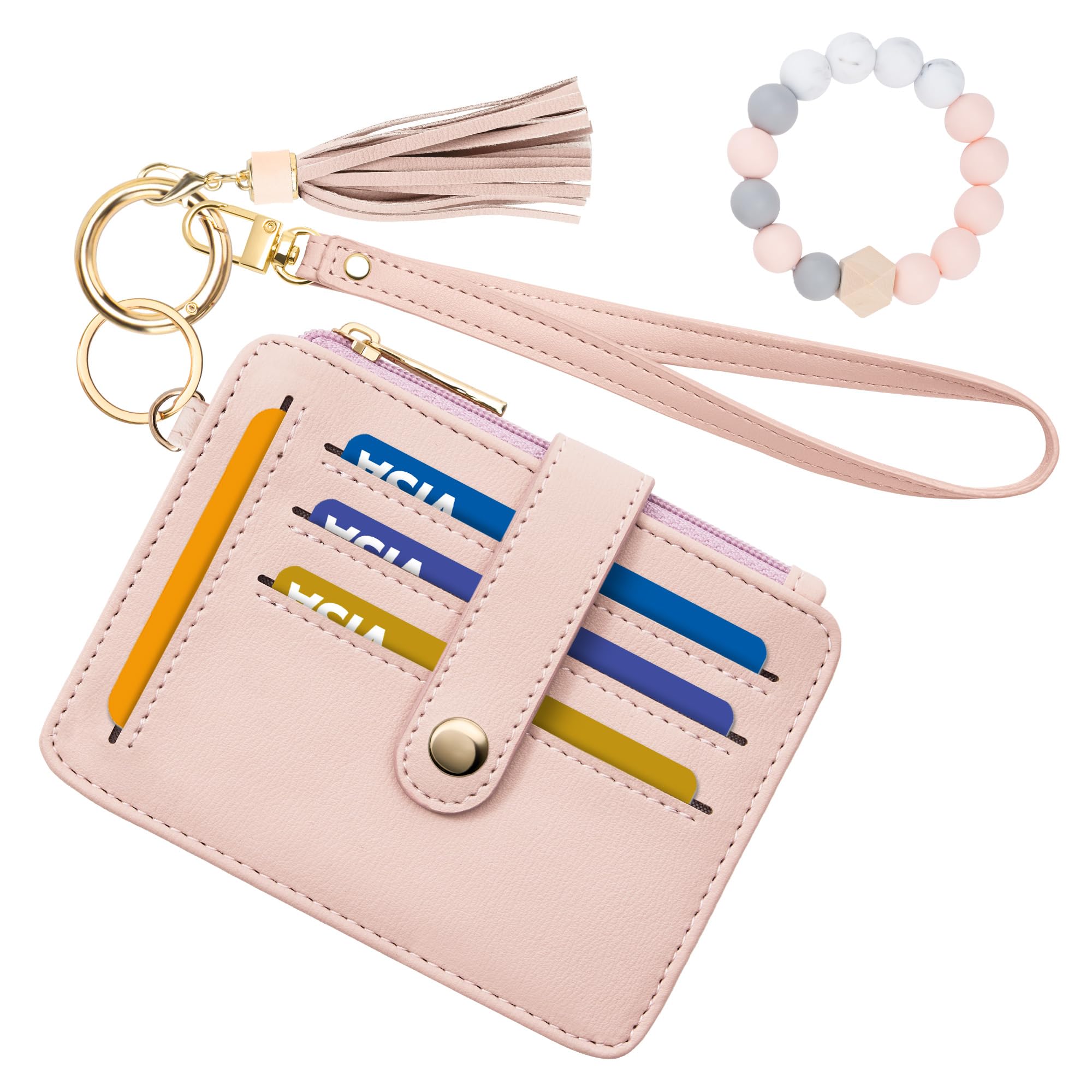 Credit Card Holder for Women, Small Keychain Wristlet Wallets | RFID Blocking Card Wallet with Silicone Beaded, Tassel, ID Window, Keyring and Zipper Coin Pocket