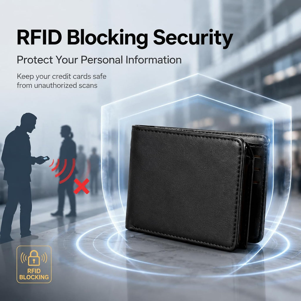 Billetera GNDR para hombre, doble pliegue, negra, con bloqueo RFID, delgada, de piel sintética, tarjetero, bolsillo frontal, accesorios minimalistas para hombre con caja de regalo