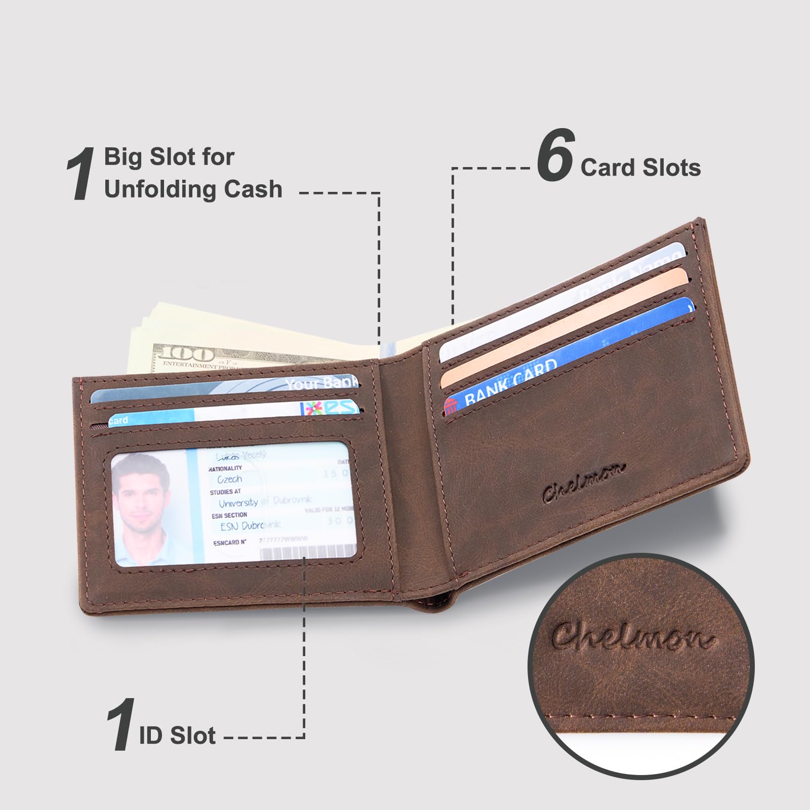 Cartera delgada Chelmon para hombre con ventana de identificación y bloqueo RFID, tarjetero minimalista plegable de bolsillo frontal para tarjetas de visita, regalo para hombres
