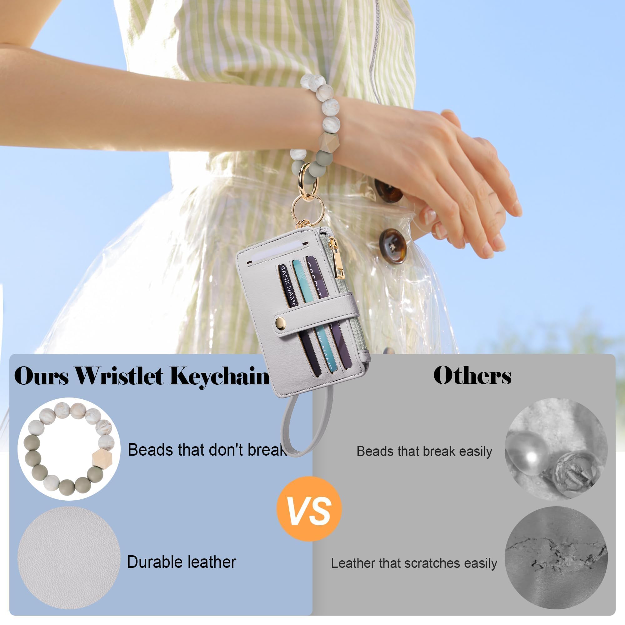 Credit Card Holder for Women, Small Keychain Wristlet Wallets | RFID Blocking Card Wallet with Silicone Beaded, Tassel, ID Window, Keyring and Zipper Coin Pocket