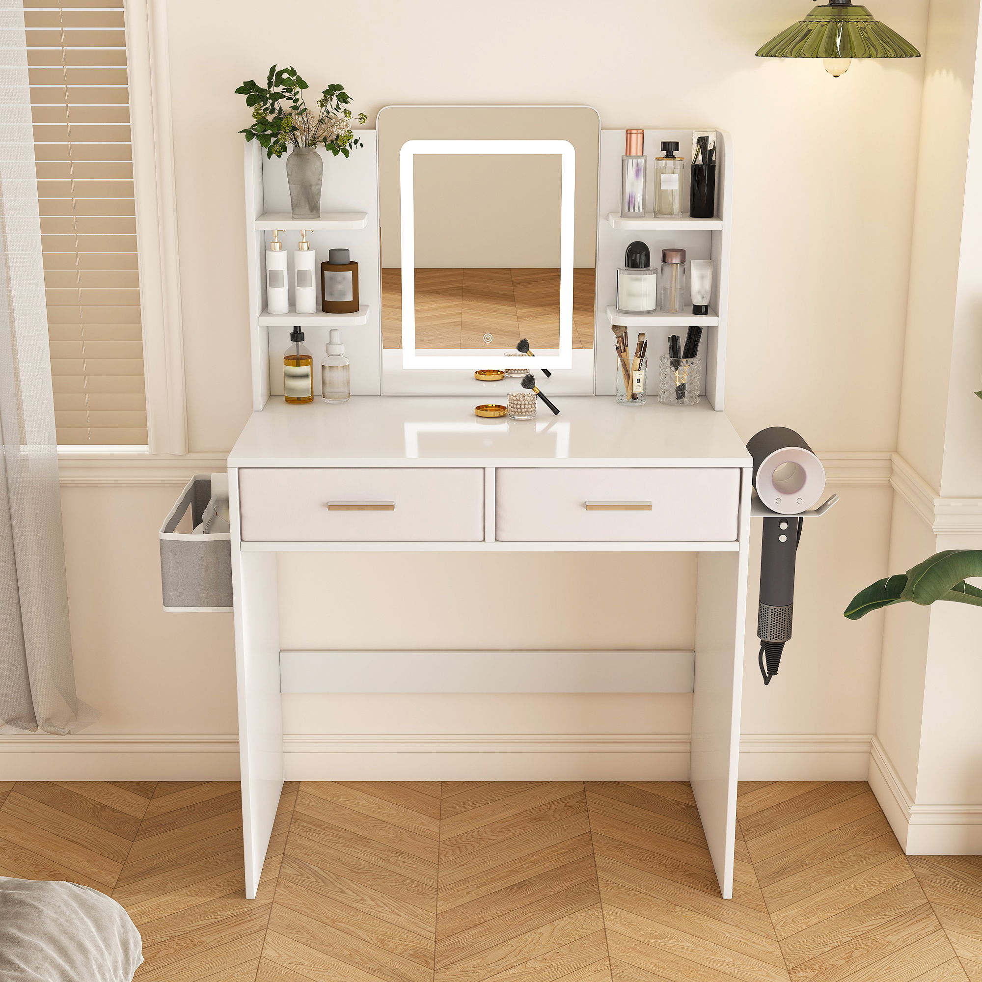 Elegante Tocador Espejo LED con Luces Ajustables, Cajones y Almacenamiento - Blanco