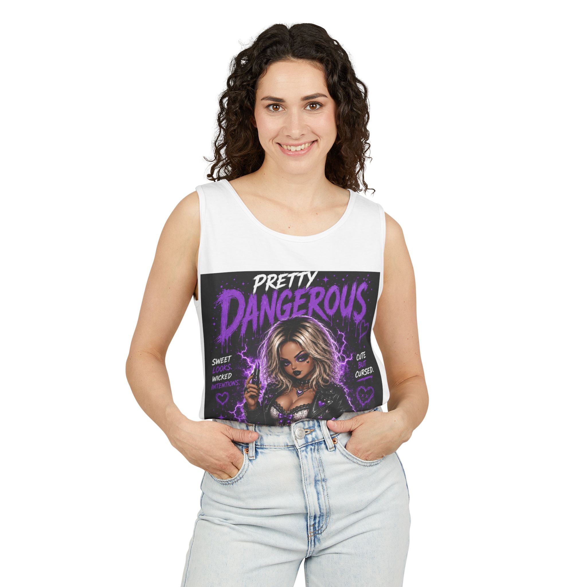 Camiseta sin mangas estampada — Ilustración gótica "Bastante peligrosa / Linda pero maldita"