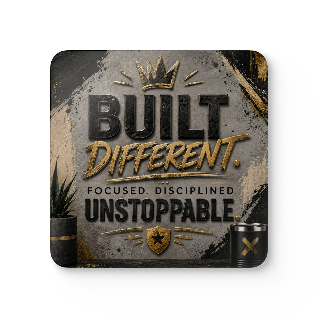 Coaster Set — "Built Different. Focused. Disciplined. Unstoppable." Motivational Cork Coasters