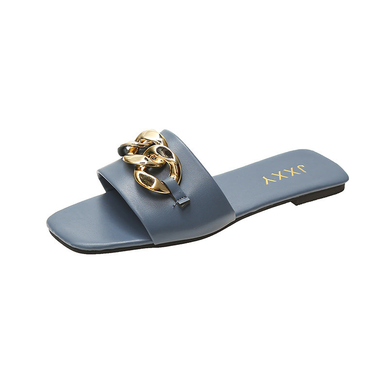 Sandalias de mujer diseño de cadena dorada puntera cerrada sin cordones zapatos mules tacón plano cabeza cuadrada chanclas casuales pantuflas de verano sandalias planas puntera abierta cadena de metal de cuero PU chanclas