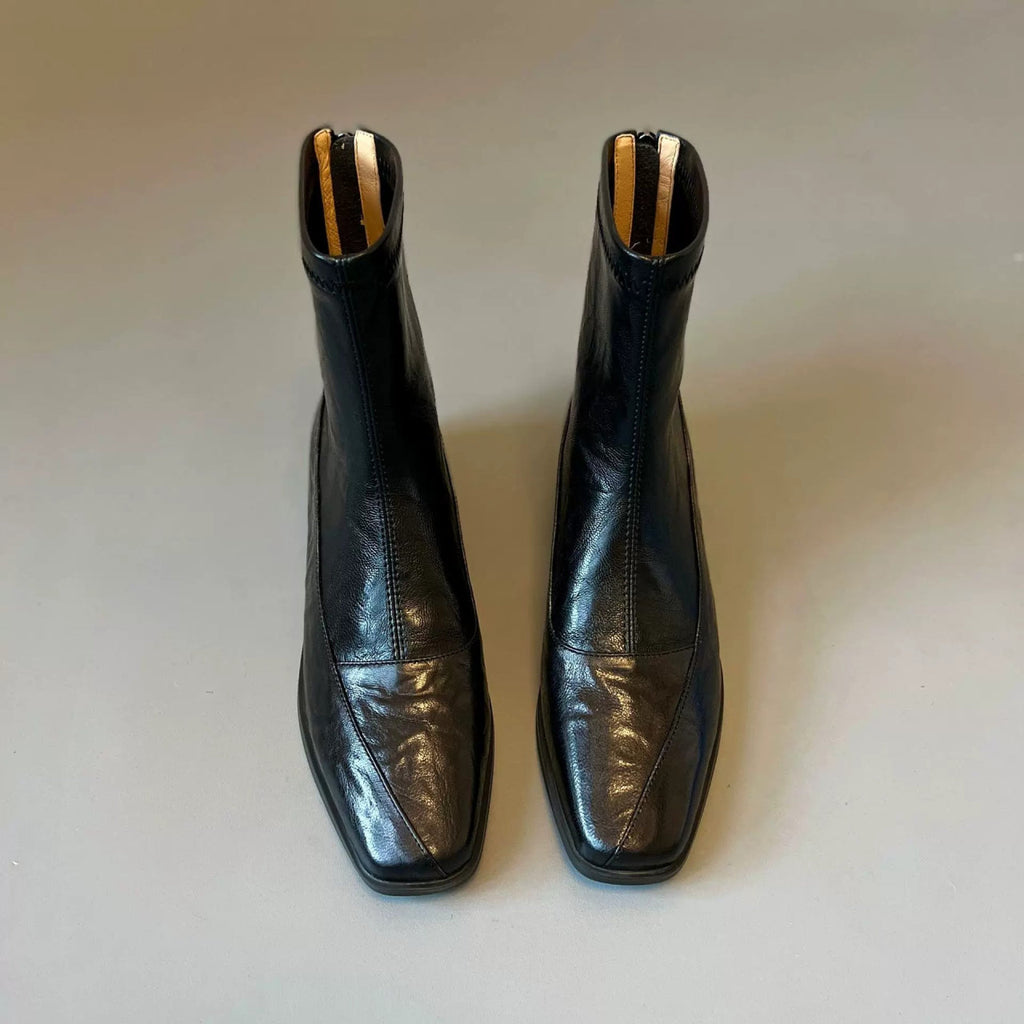 Women's French Retro Genuine Leather Square Toe Block Heel Ankle Boots