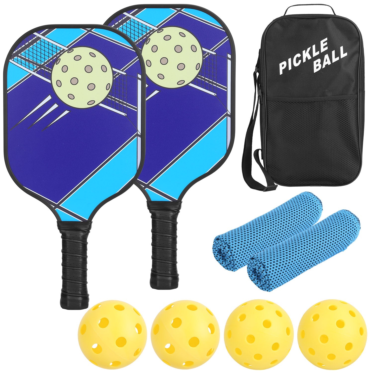 Juego de pickleball con 2 palas de fibra de vidrio, 4 pelotas para interior y exterior, bolsa de transporte portátil, 2 toallas refrescantes, agarre ergonómico ligero para principiantes y profesionales