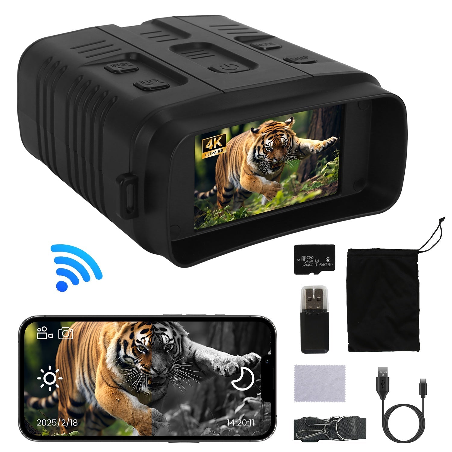 Gafas de visión nocturna binoculares a todo color 4K con zoom de 10x y rango de visión de 800 m, pantalla de 3'', tarjeta MMC de 64 GB, control por aplicación Wi-Fi para guardar fotos y videos para C