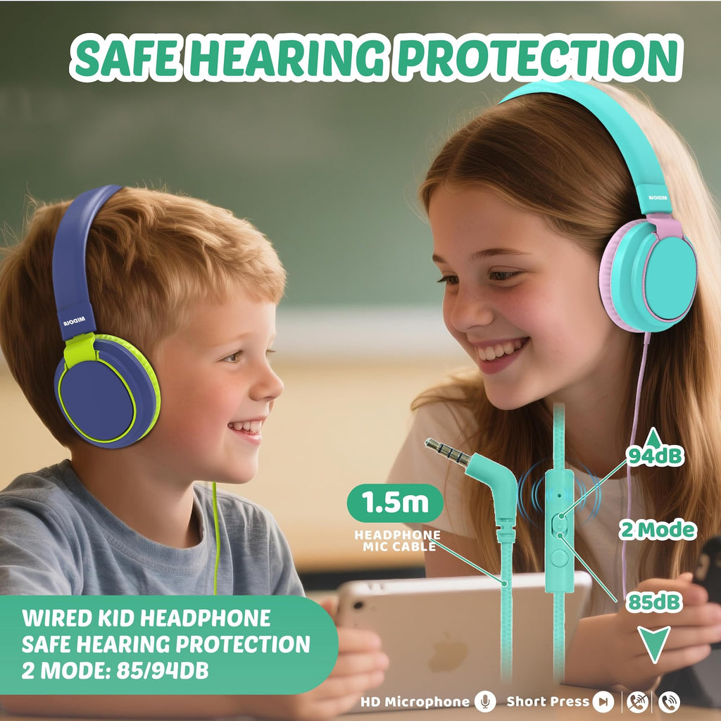Auriculares para niños con volumen limitado a 85/94 dB - Auriculares con cable plegables para colocar sobre la oreja con micrófono, color rosa